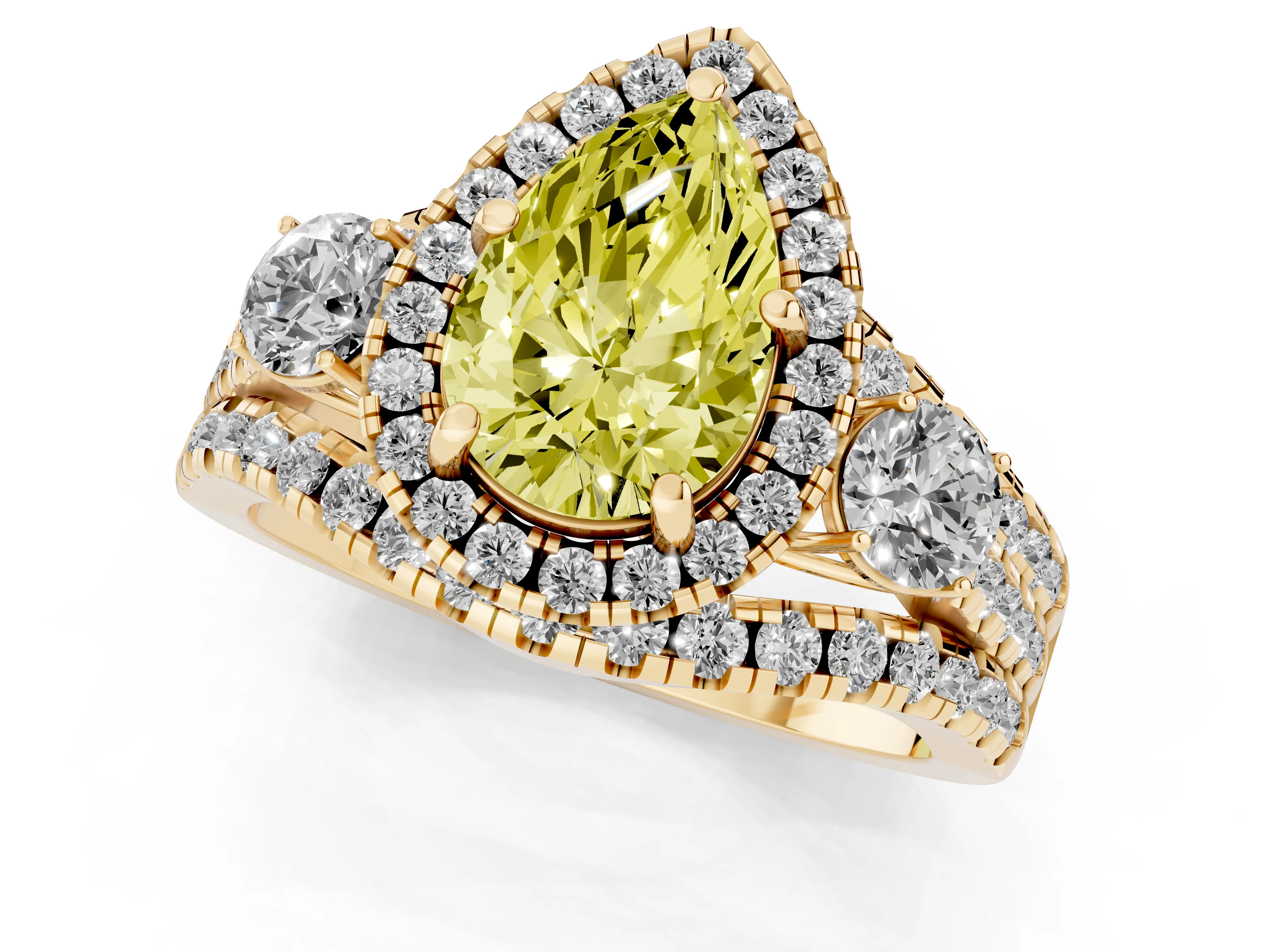 Fancy Yellow Pear Cut Diamond Halo Split Shank Ring Set in Yellow gold with Round Accent Stones and Prong Setting