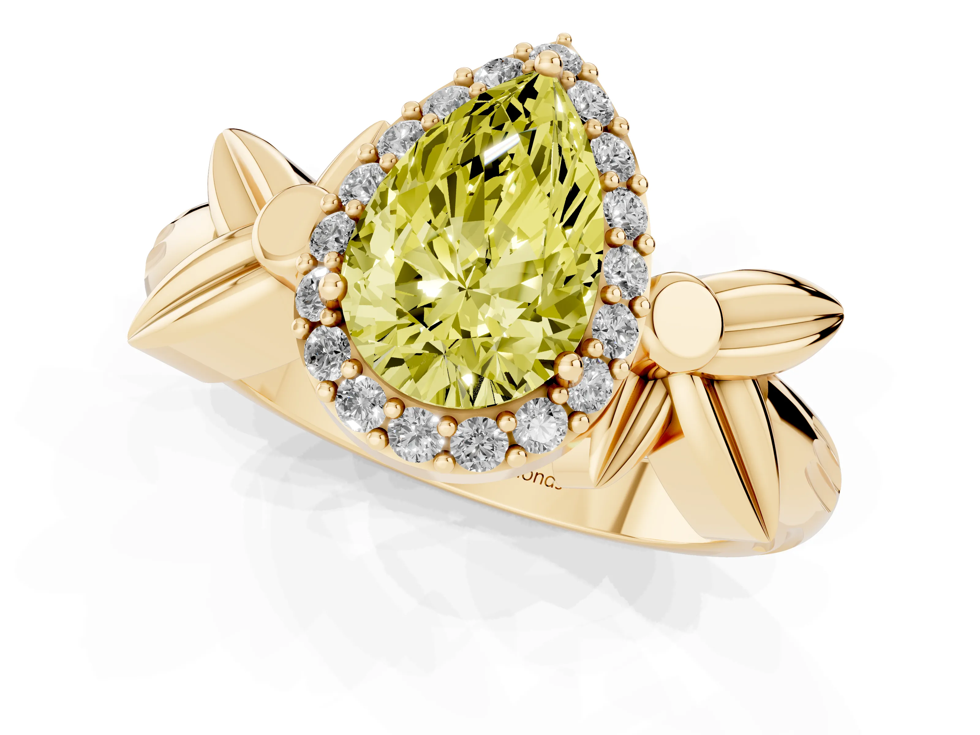 Fancy Yellow Pear Cut Diamond Halo Floral Band Ring Set in Yellow gold with Prong Setting