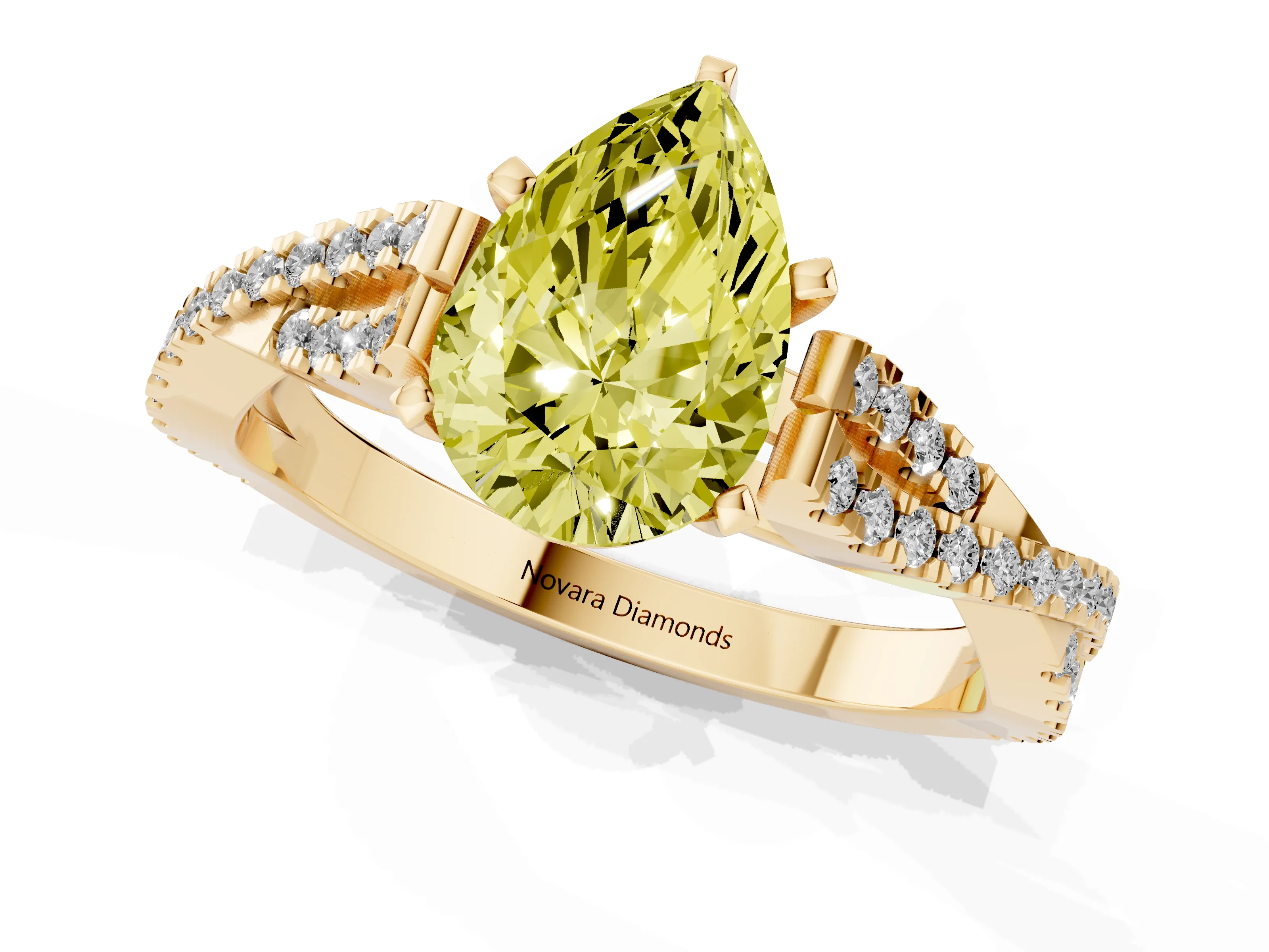 Fancy Yellow Pear Cut Diamond Solitaire Engagement Ring Set in Yellow gold with Twisted Pavé Band and Prong Setting