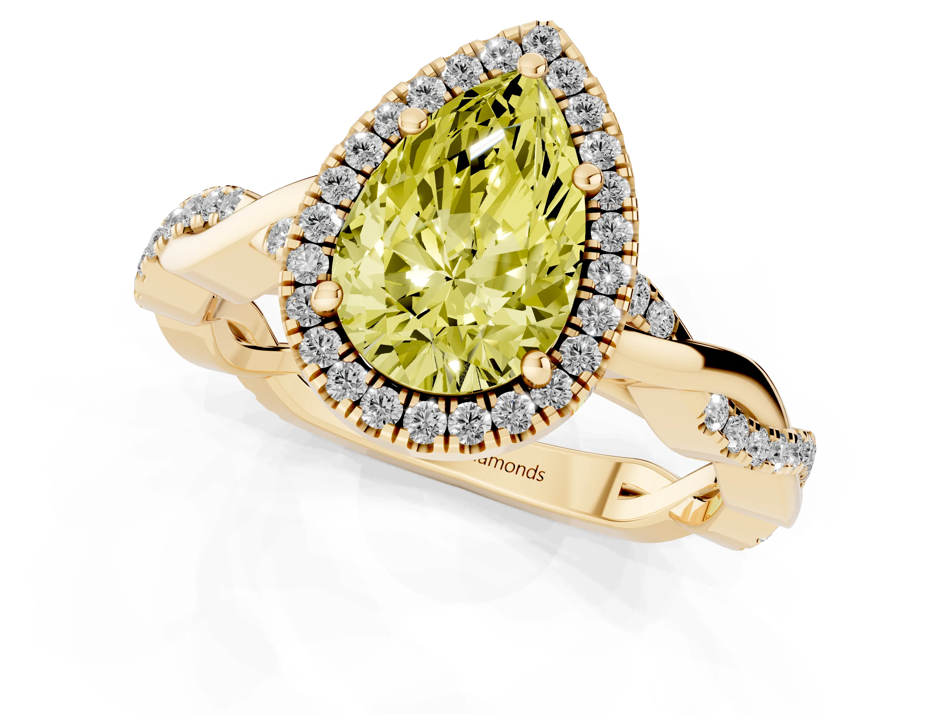 Fancy Yellow Pear Cut Diamond Halo Twisted Band Ring Set in Yellow gold with Prong Setting