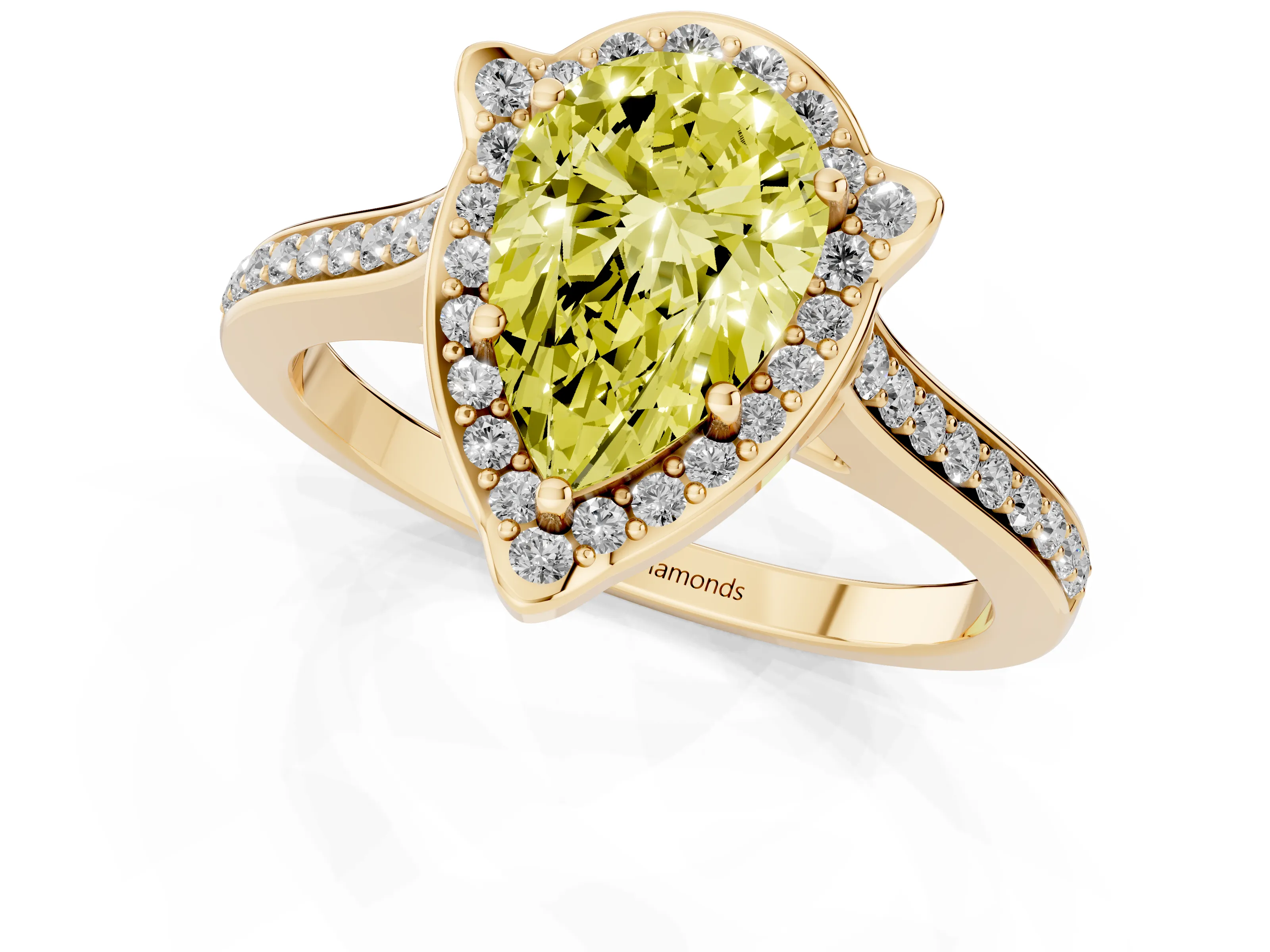 Fancy Yellow Pear Cut Diamond Halo Ring Set in Yellow gold with Pavé-Lined Shoulders and Prong Setting