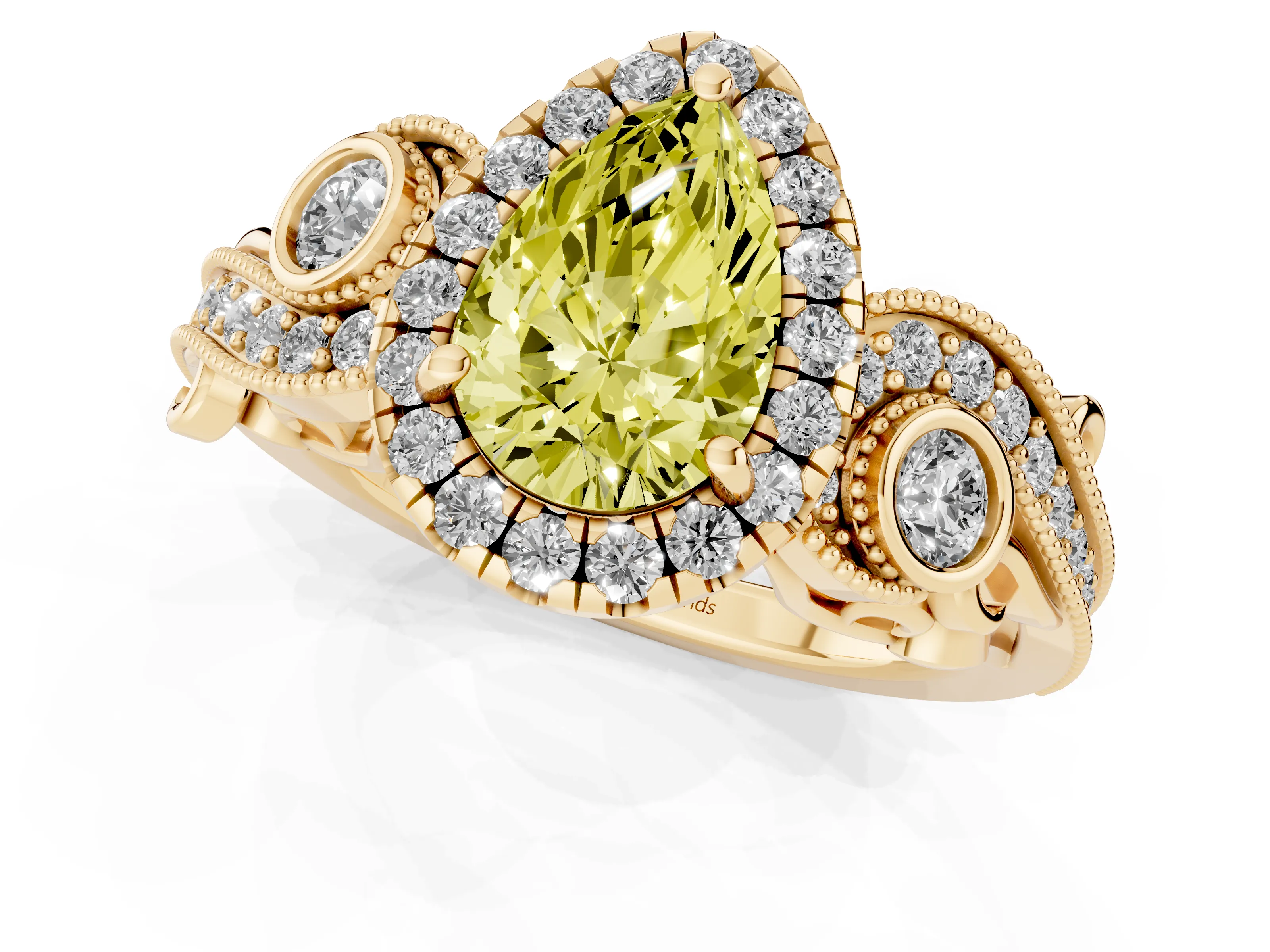 Fancy Yellow Pear Cut Diamond Halo Ring Set in Yellow gold with Milgrain Pavé Band and Prong Setting