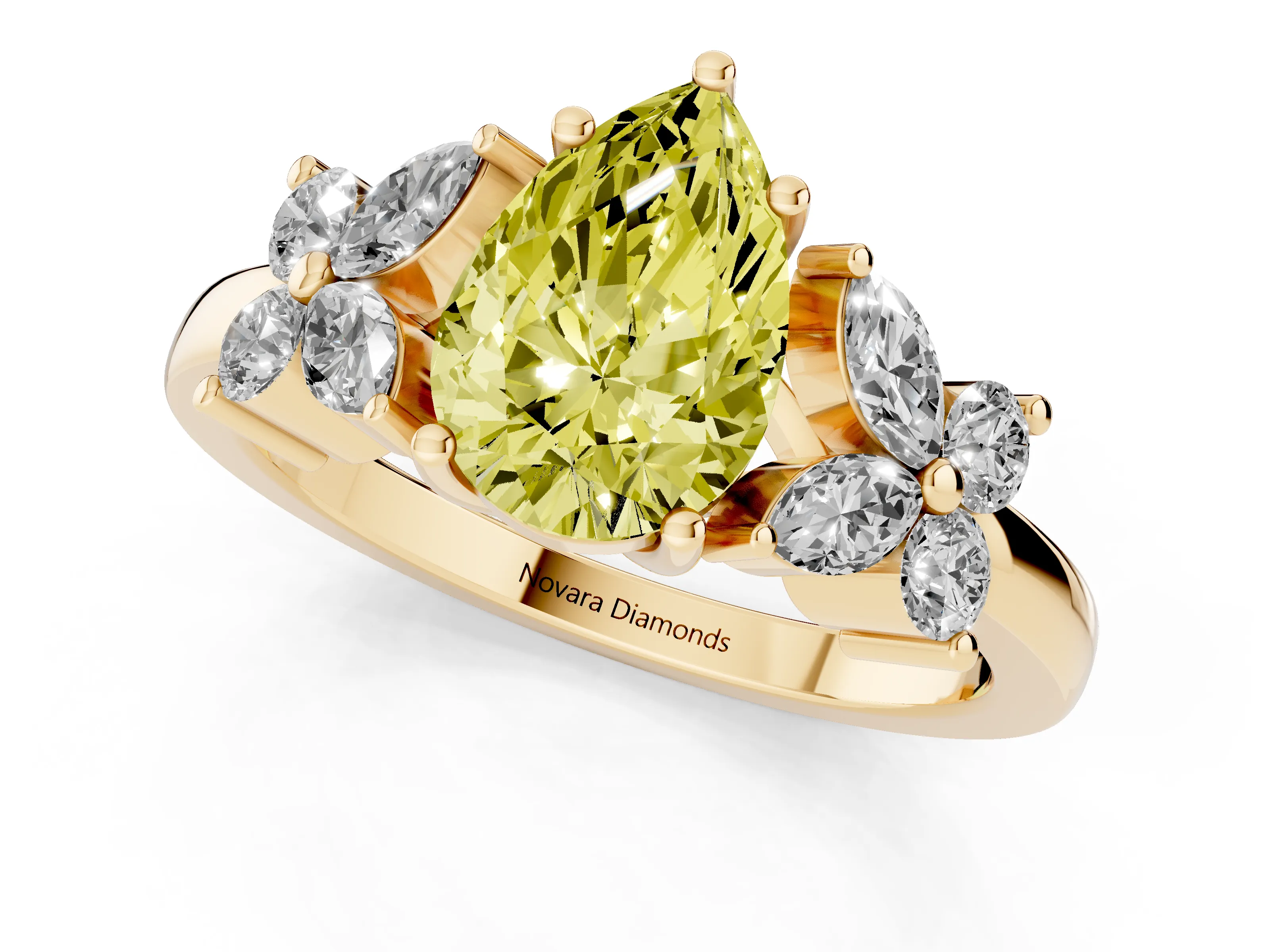 Fancy Yellow Pear Cut Diamond Floral Cluster Ring Set in Yellow gold with Marquise Petals and Prong Setting