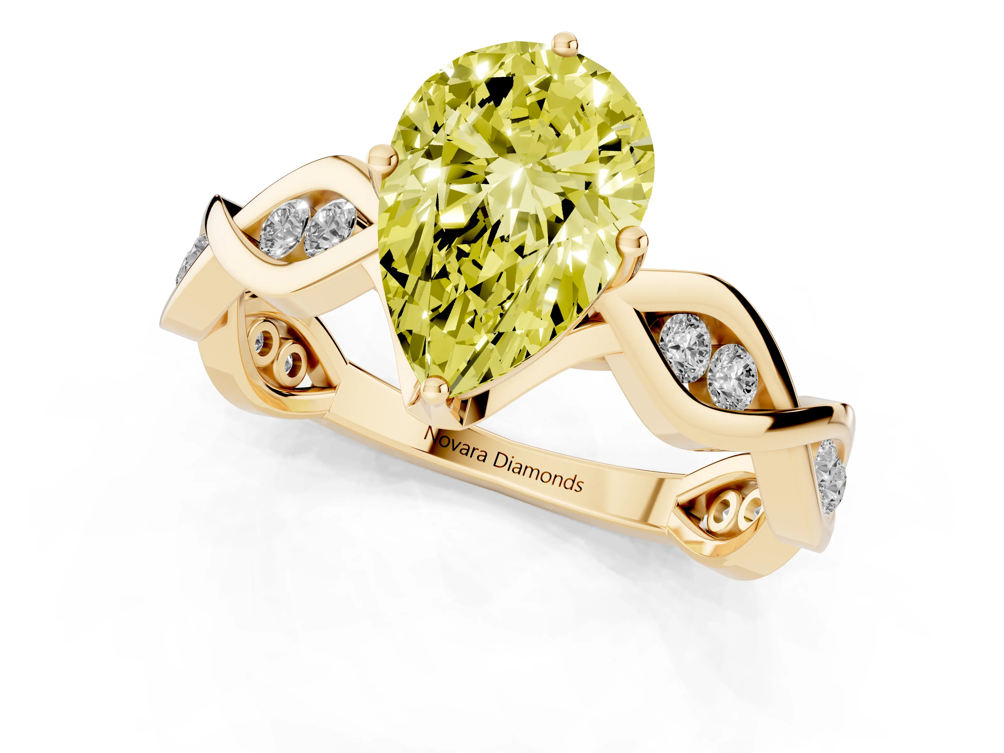 Fancy Yellow Pear Cut Diamond Twist Band Solitaire Ring Set in Yellow gold with Leaf Prong Setting and Accent Stones