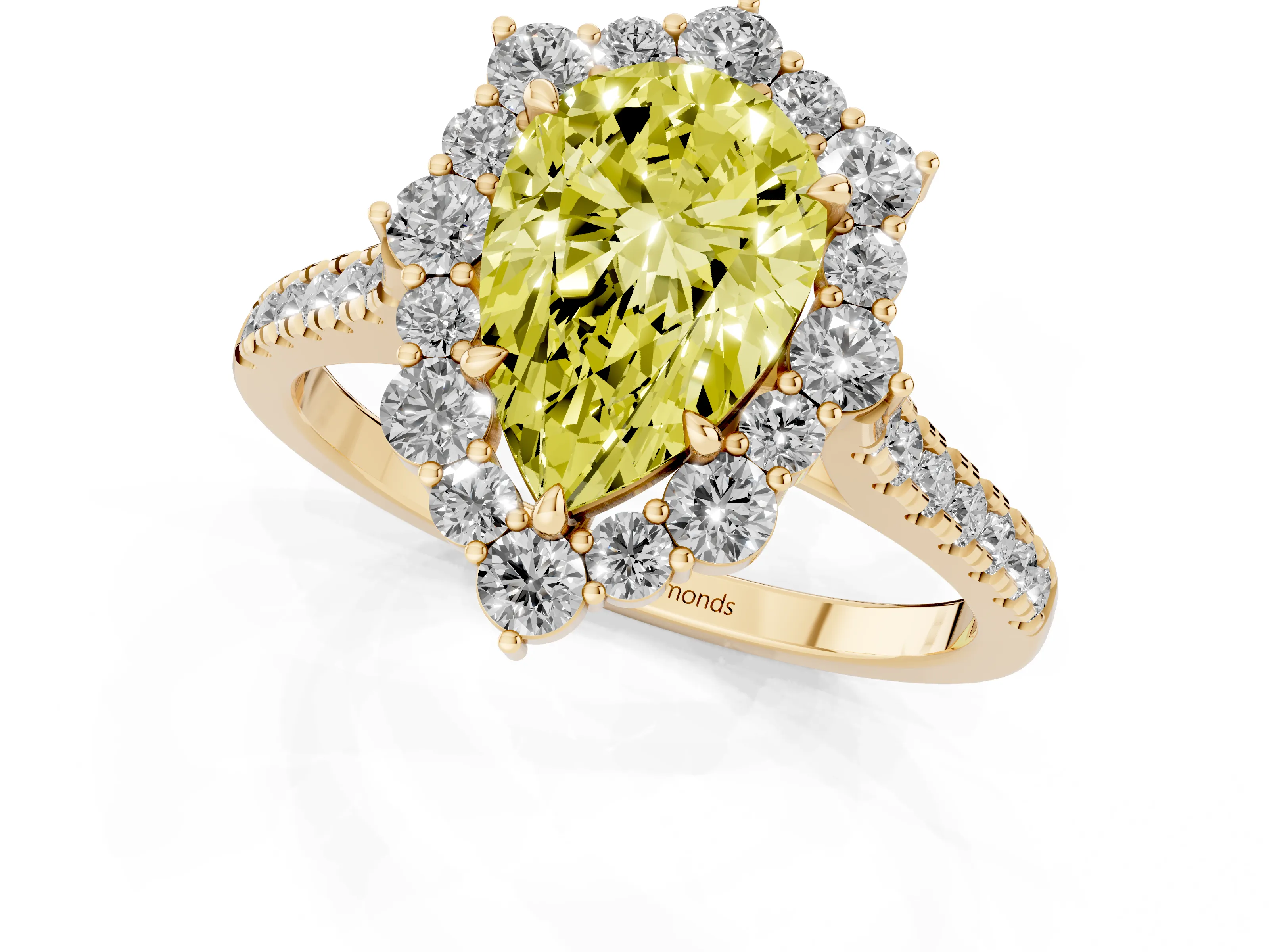 Fancy Yellow Pear Cut Diamond Halo Ring Set in Yellow gold with Pavé Band and Prong Setting