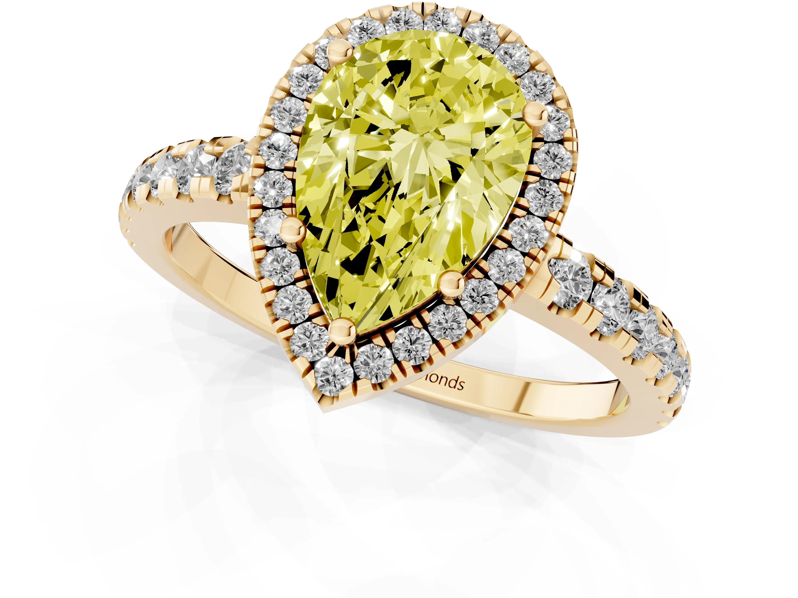 Fancy Yellow Pear Cut Diamond Halo Ring Set in Yellow gold with Delicate Pavé Band and Prong Setting