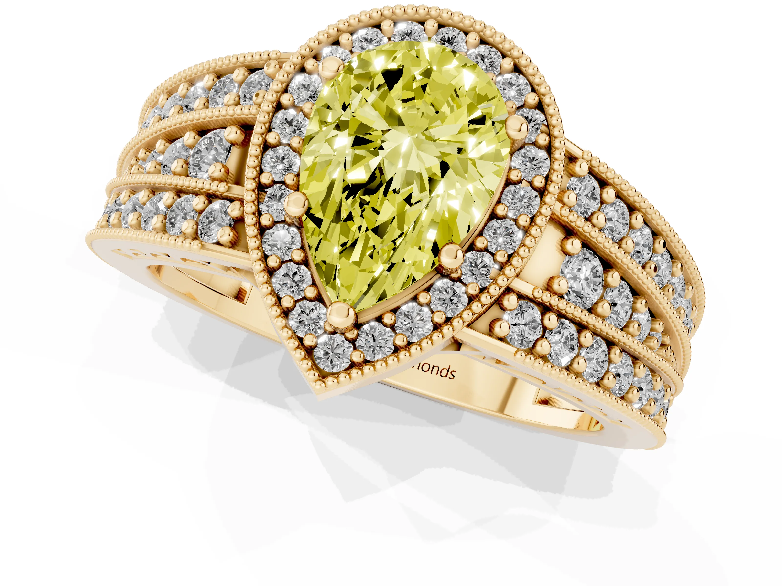 Fancy Yellow Pear Cut Diamond Halo Ring Set in Yellow gold with Accent Split Shank and Prong Setting
