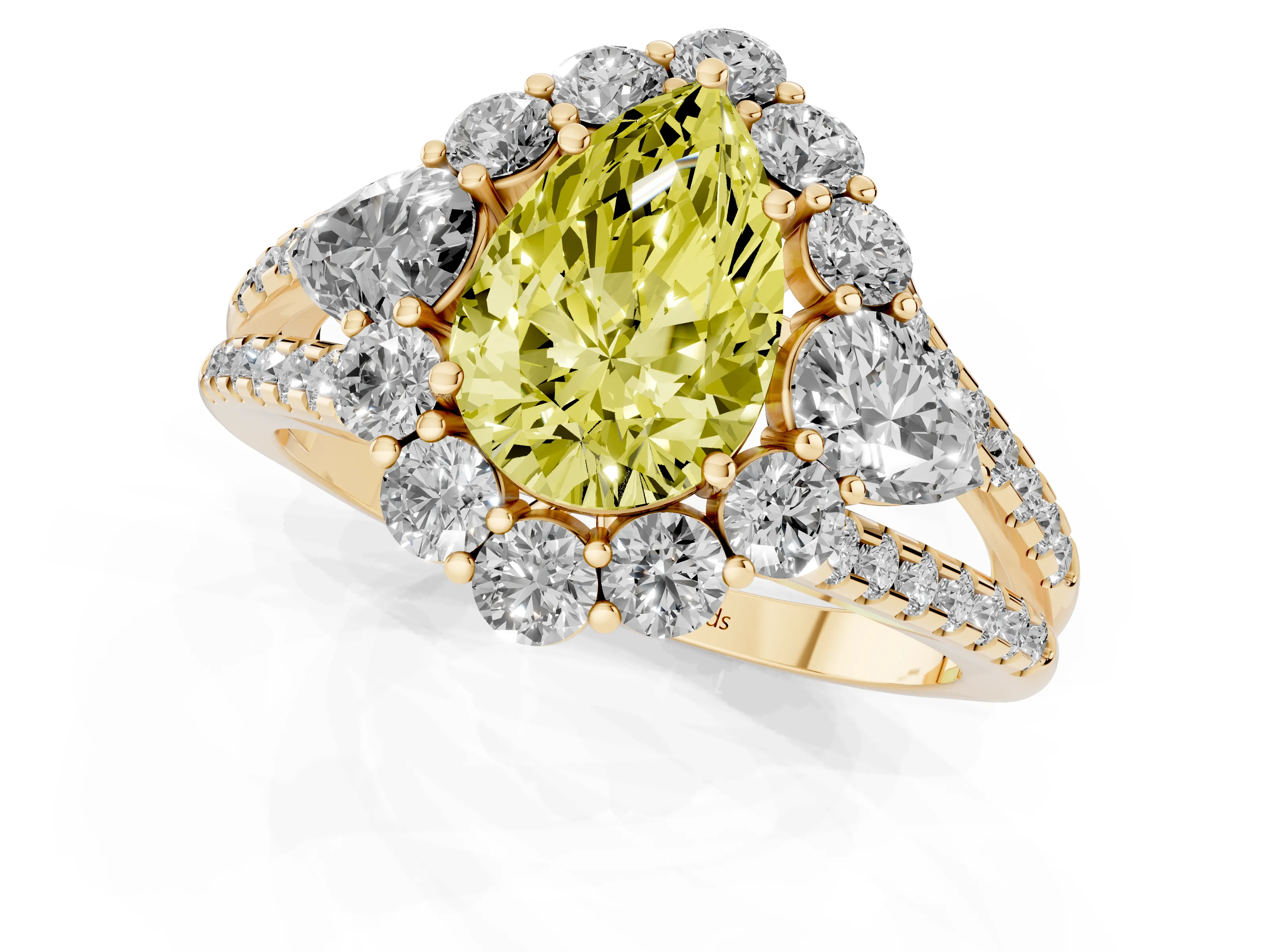 Fancy Yellow Pear Cut Diamond Halo Split Shank Engagement Ring Set in Yellow gold with Prong-Held Center Stone