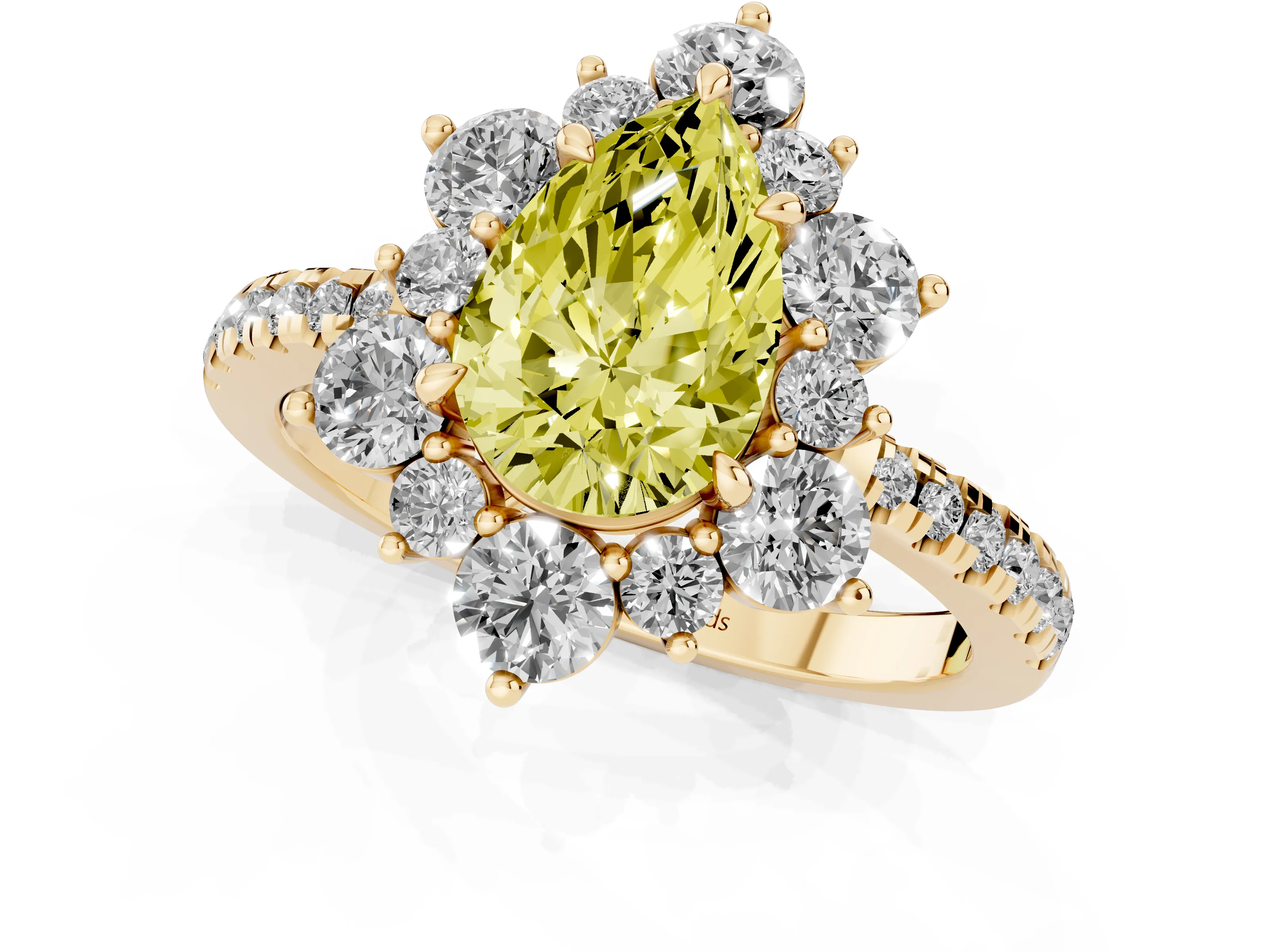 Fancy Yellow Pear Cut Diamond Floral Halo Ring Set in Yellow gold with Round Pavé Band and Prong Setting