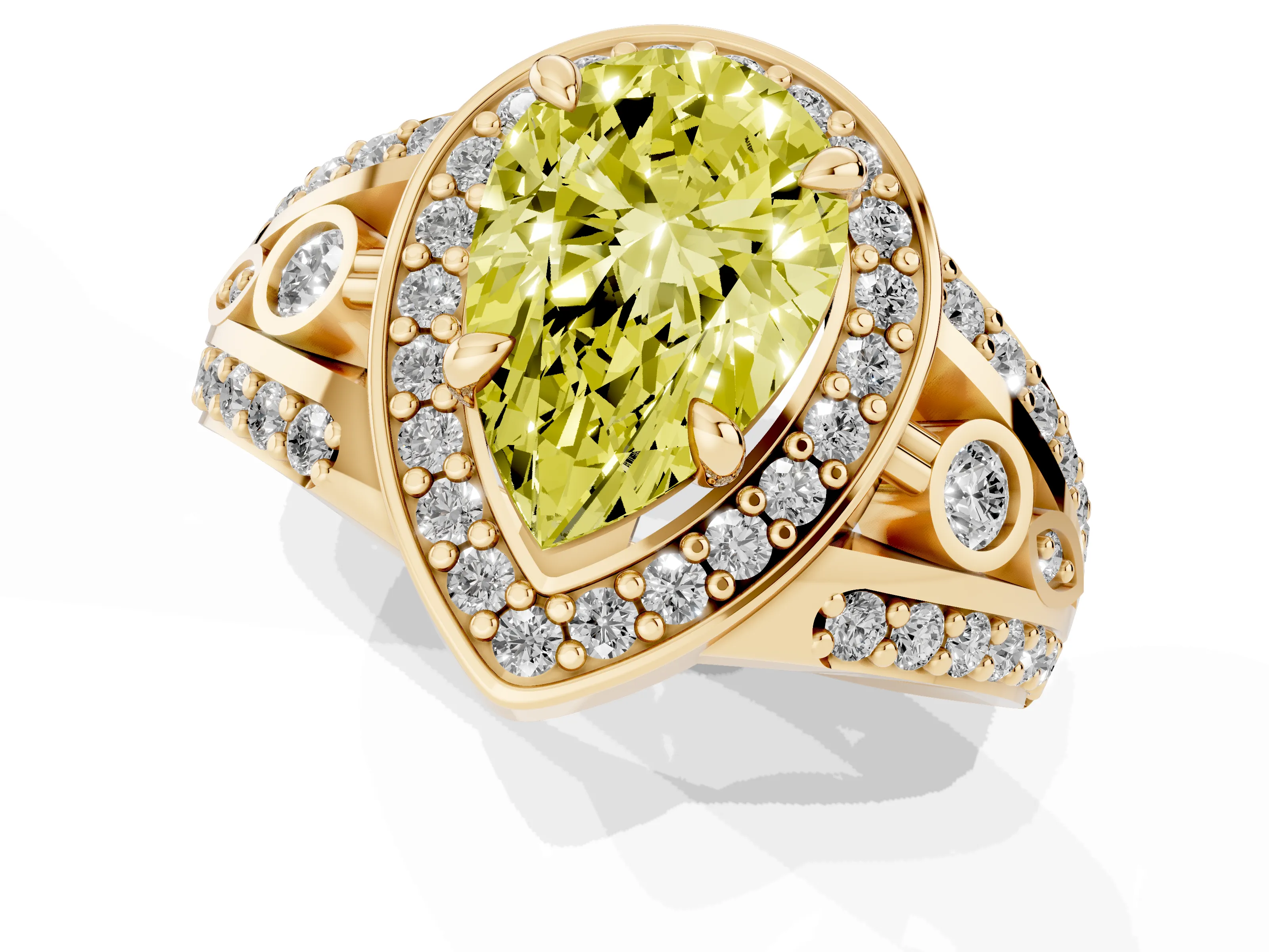 Fancy Yellow Pear Cut Diamond Halo Ring Set in Yellow gold with Pavé Split Shank and Bezel Accents