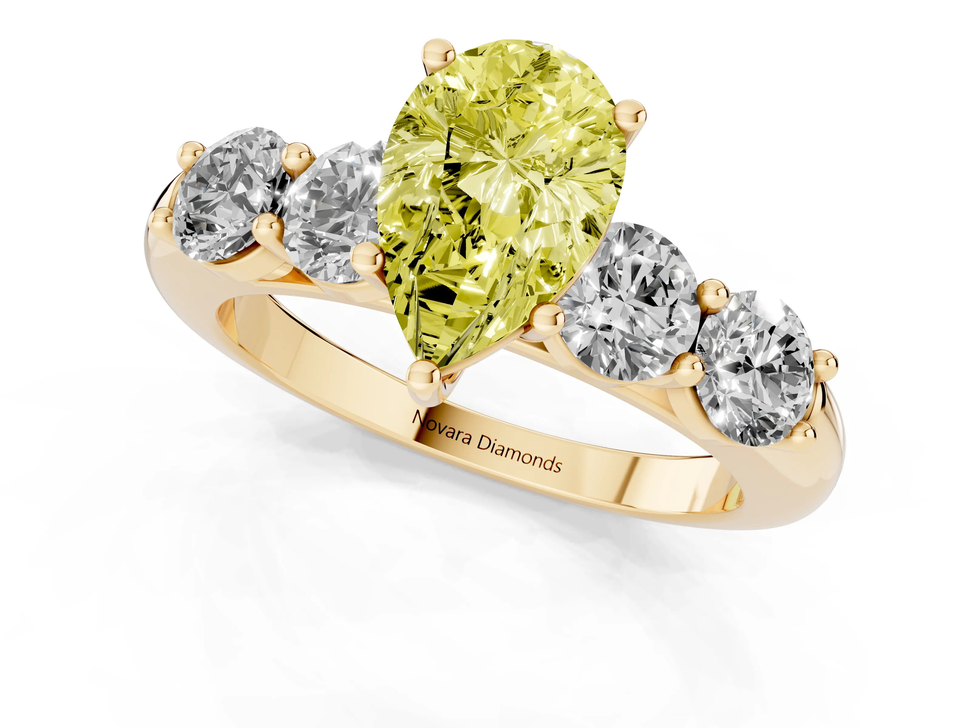 Fancy Yellow Pear Cut Diamond Five-Stone Prong Set Ring Set in Yellow gold with Classic Band