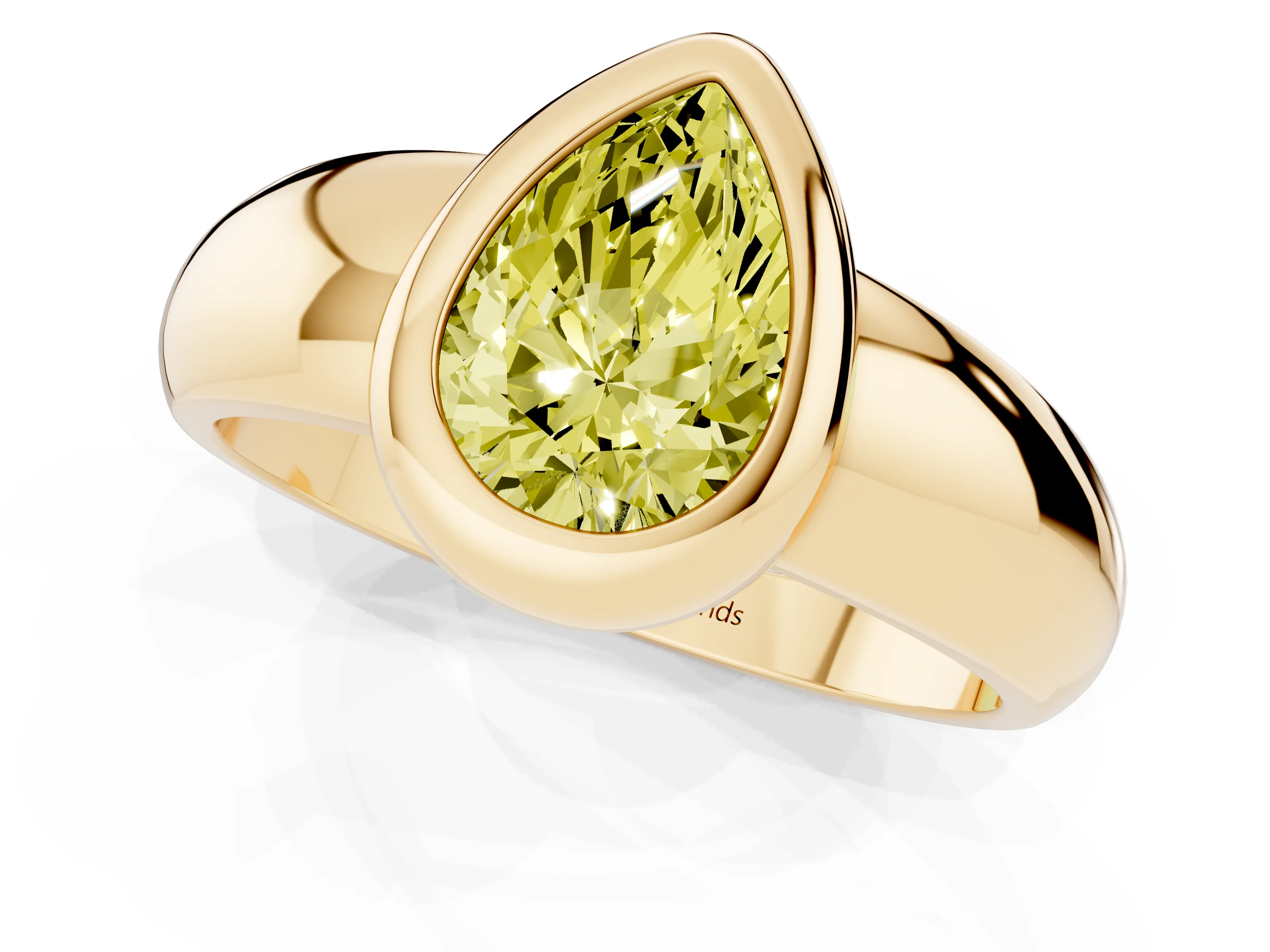 Fancy Yellow Bezel Set Pear Cut Diamond Solitaire Ring Set in Yellow gold with Wide Band