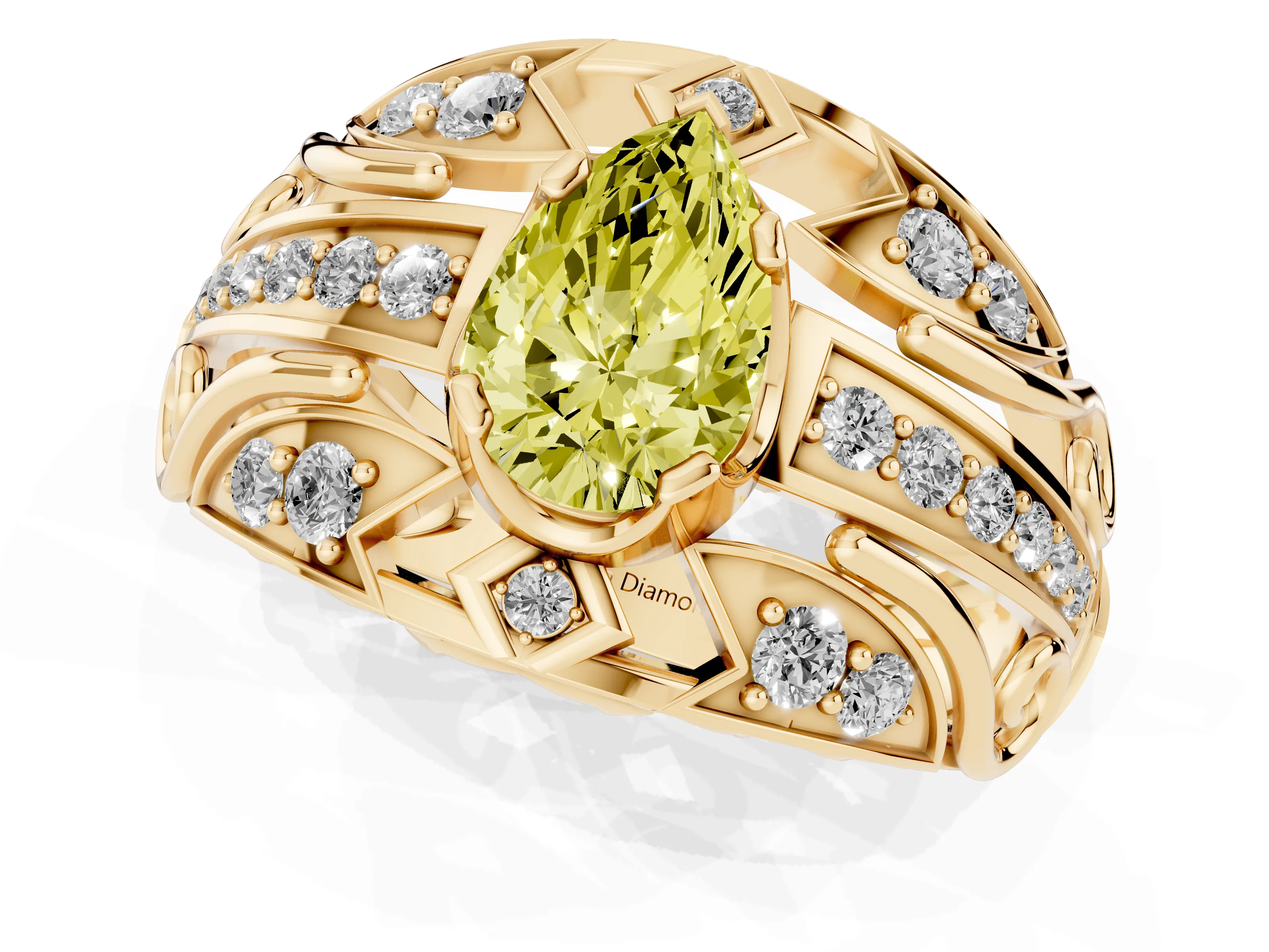 Fancy Yellow Pear Cut Diamond Art Deco Ring Set in Yellow gold with Pavé Split Shank