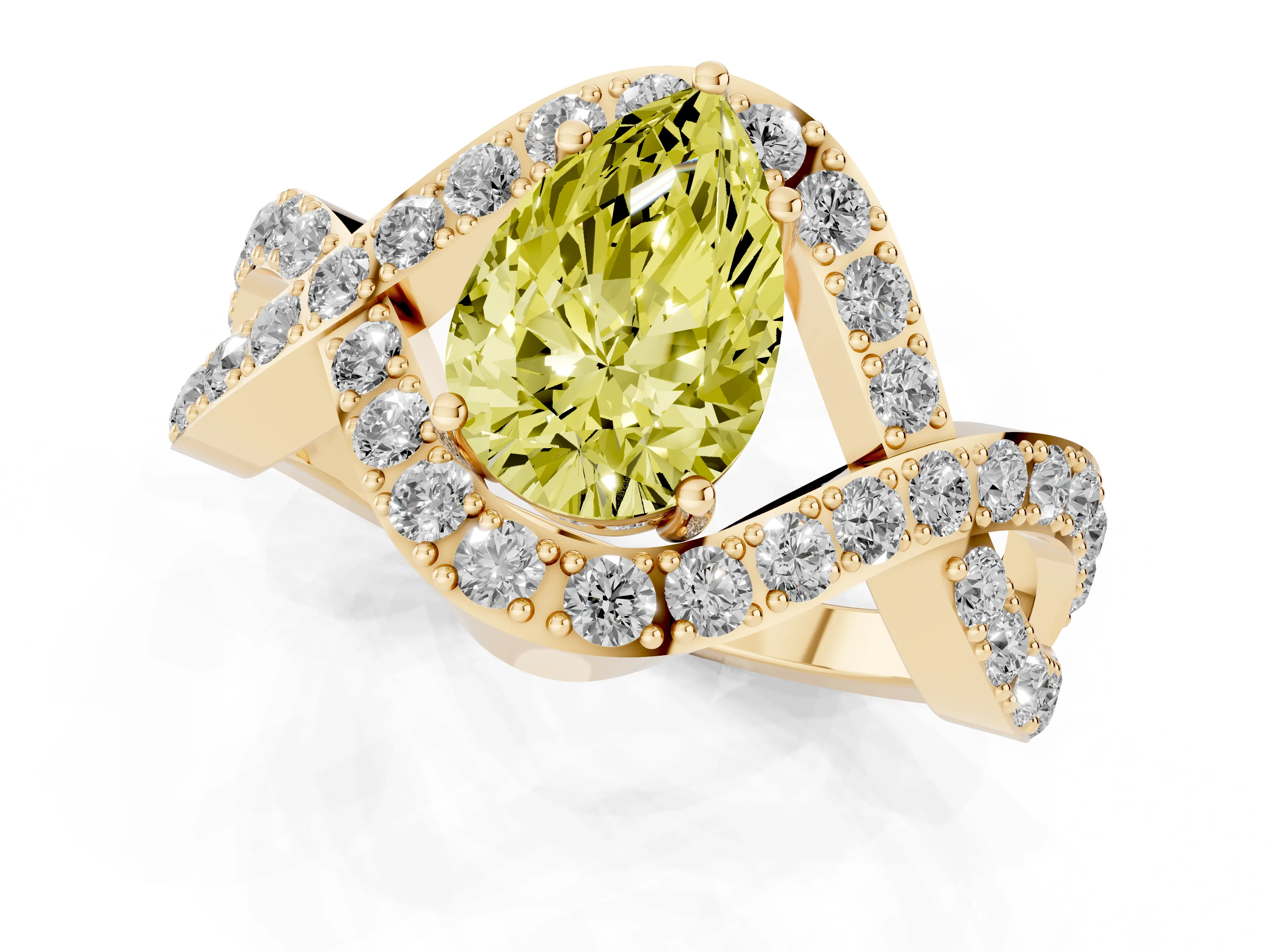 Fancy Yellow Pear Cut Diamond Solitaire Twist Band Pavé Engagement Ring Set in Yellow gold