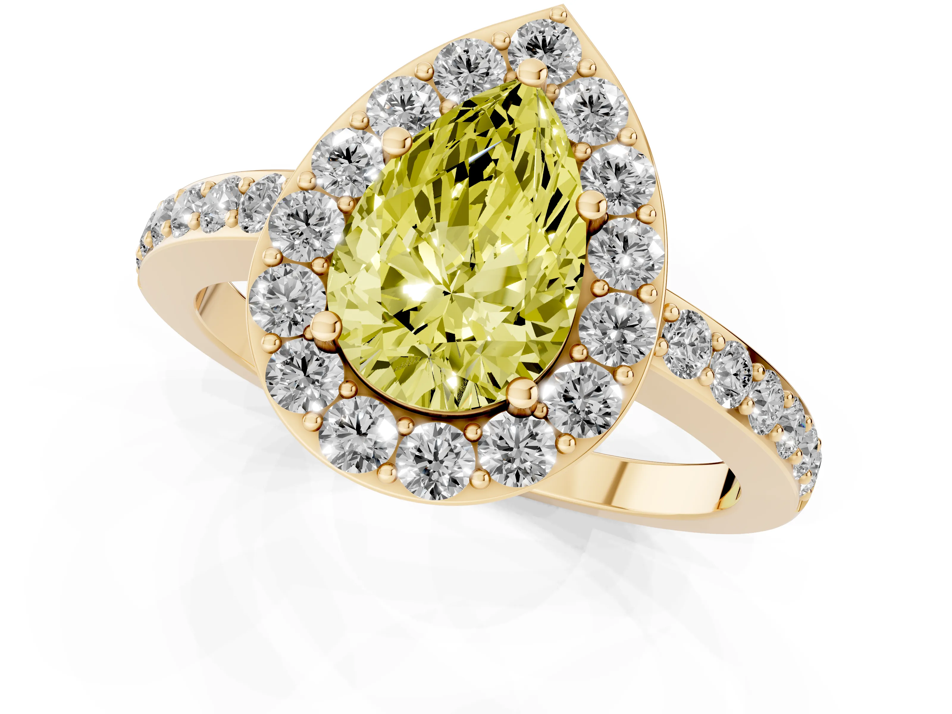 Fancy Yellow Pear Cut Diamond Halo Ring Set in Yellow gold with Pavé-Setting Band and Open Prong Center
