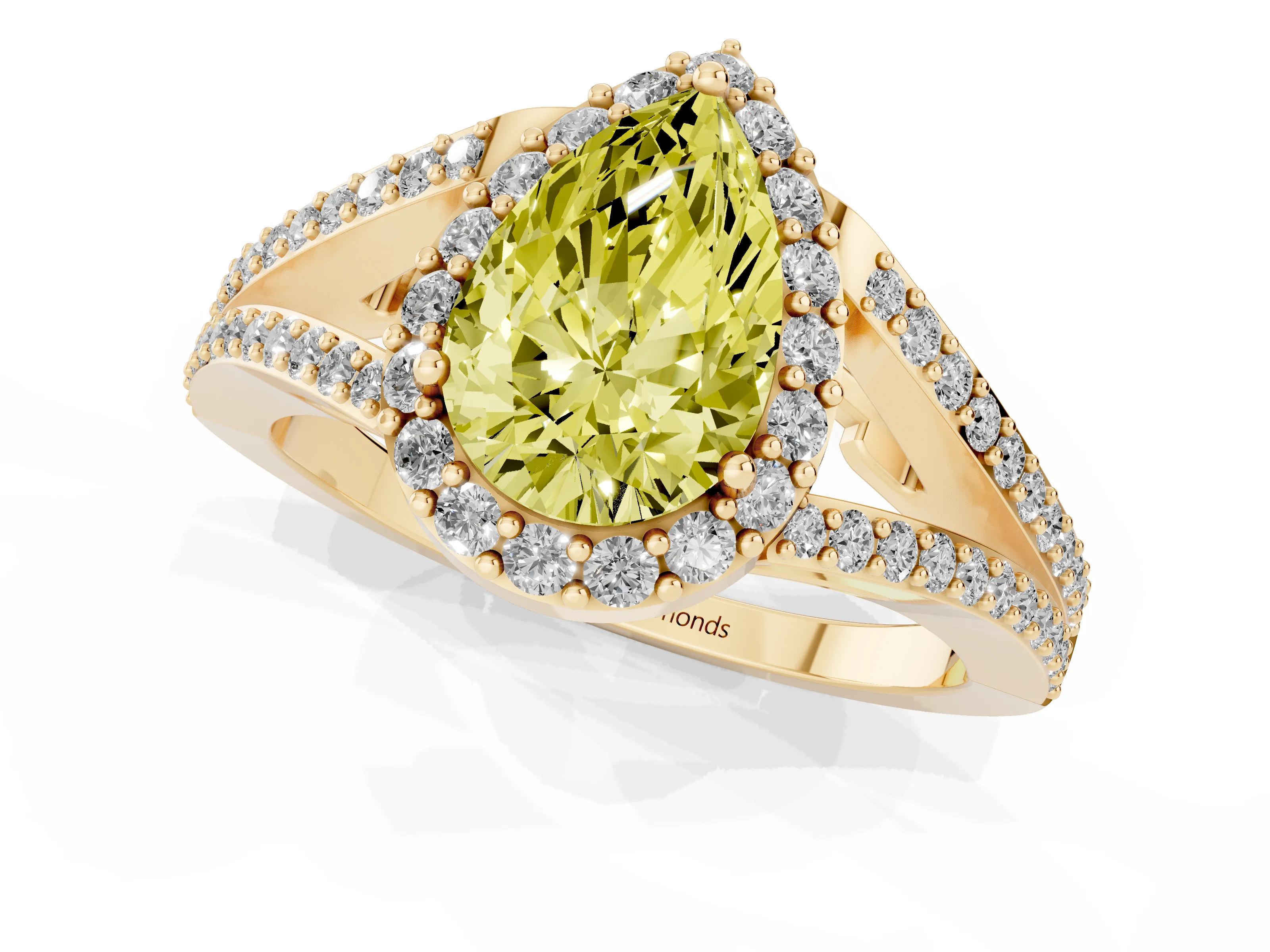 Fancy Yellow Pear Cut Diamond Halo Split Shank Pavé Ring Set in Yellow gold with Prong Setting