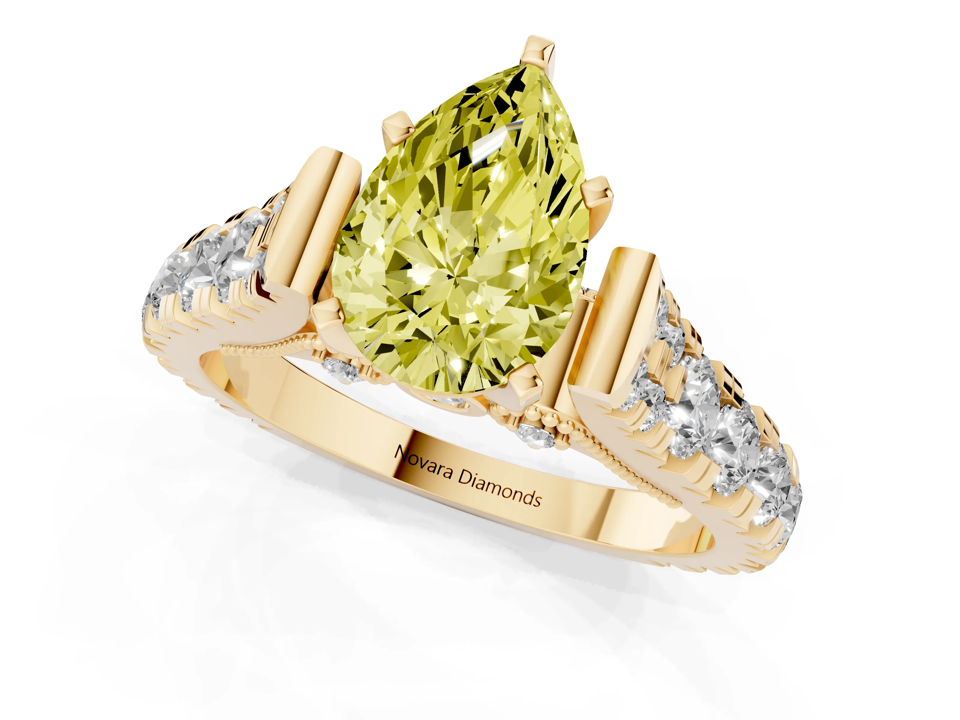 Fancy Yellow Pear Cut Diamond Classic Solitaire Ring Set in Yellow gold with Pavé Band and Prong Setting