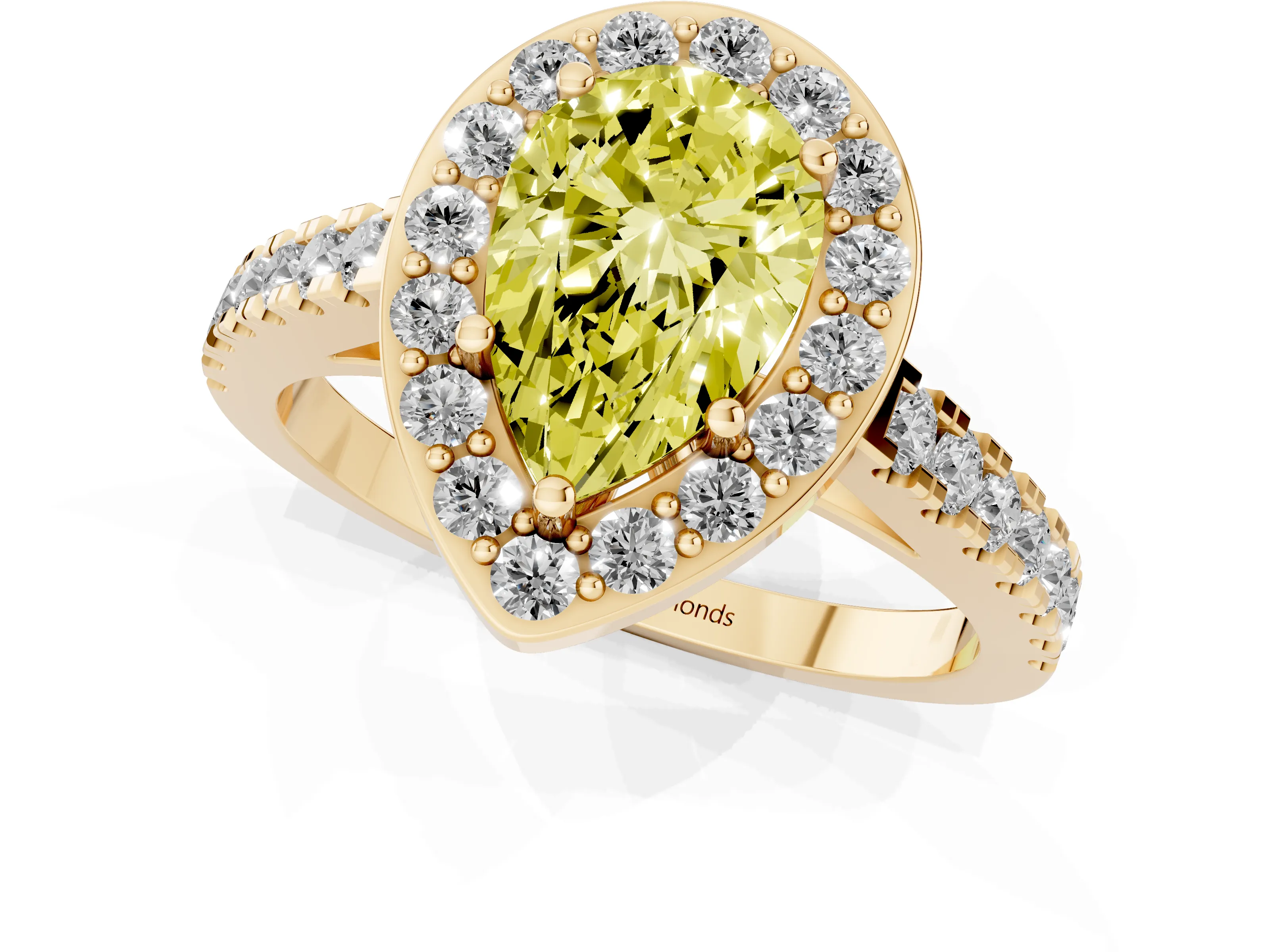 Fancy Yellow Pear Cut Diamond Halo Ring Set in Yellow gold with Round Pavé Split Shank and Prong Setting