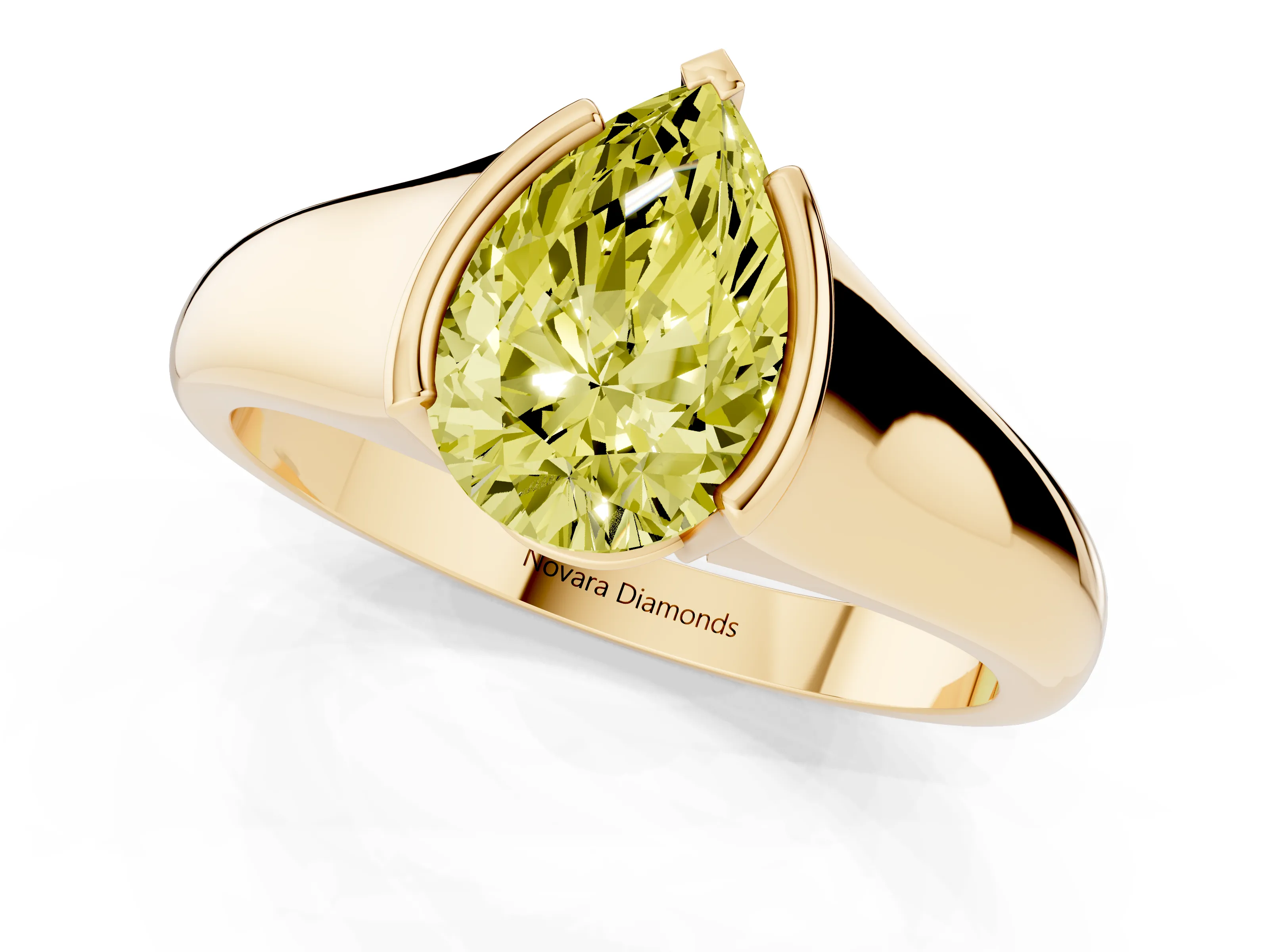 Fancy Yellow Pear Cut Diamond Solitaire Tension Set Ring Set in Yellow gold with Split Shank Band