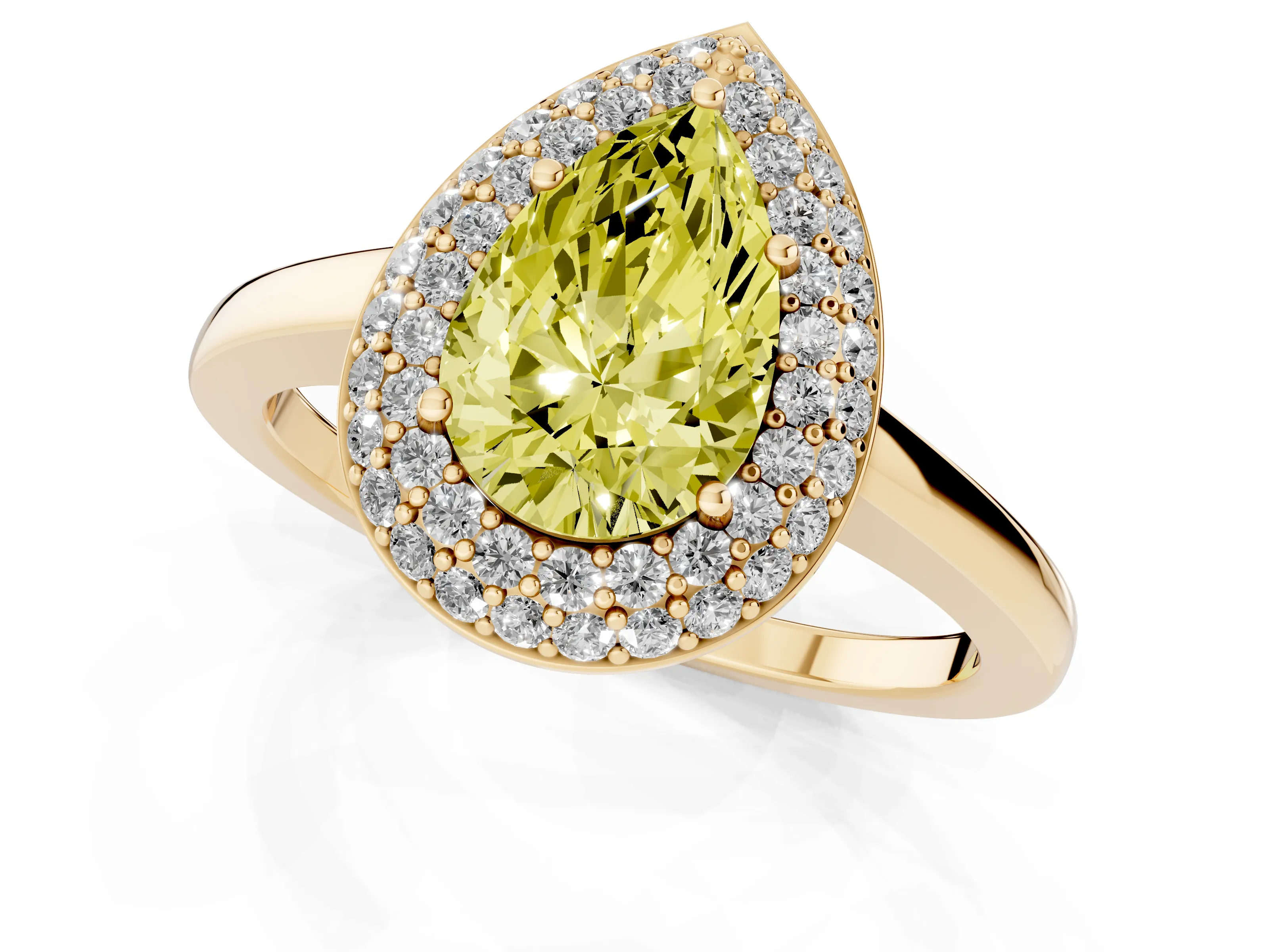 Fancy Yellow Pear Cut Diamond Halo Engagement Ring Set in Yellow gold with Solitaire Band and Prong Setting