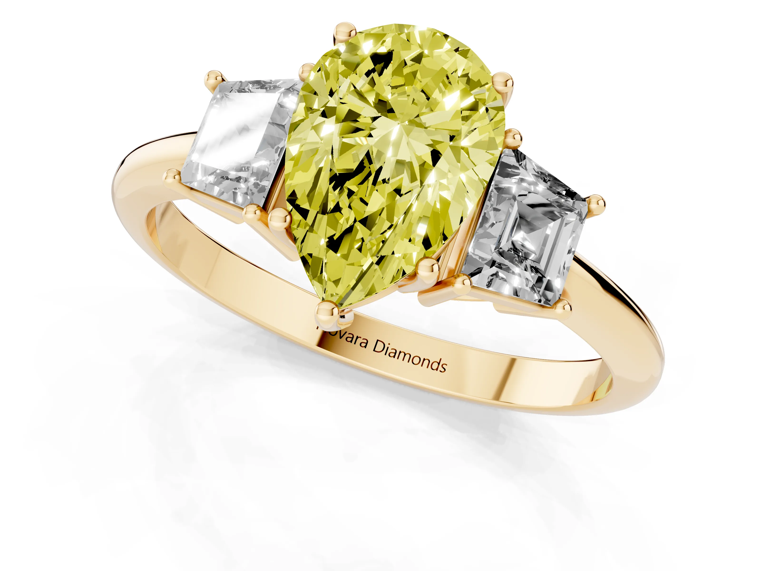 Fancy Yellow Pear Cut Diamond Three-Stone Ring Set in Yellow gold with Trapezoid Side Stones and Prong Setting