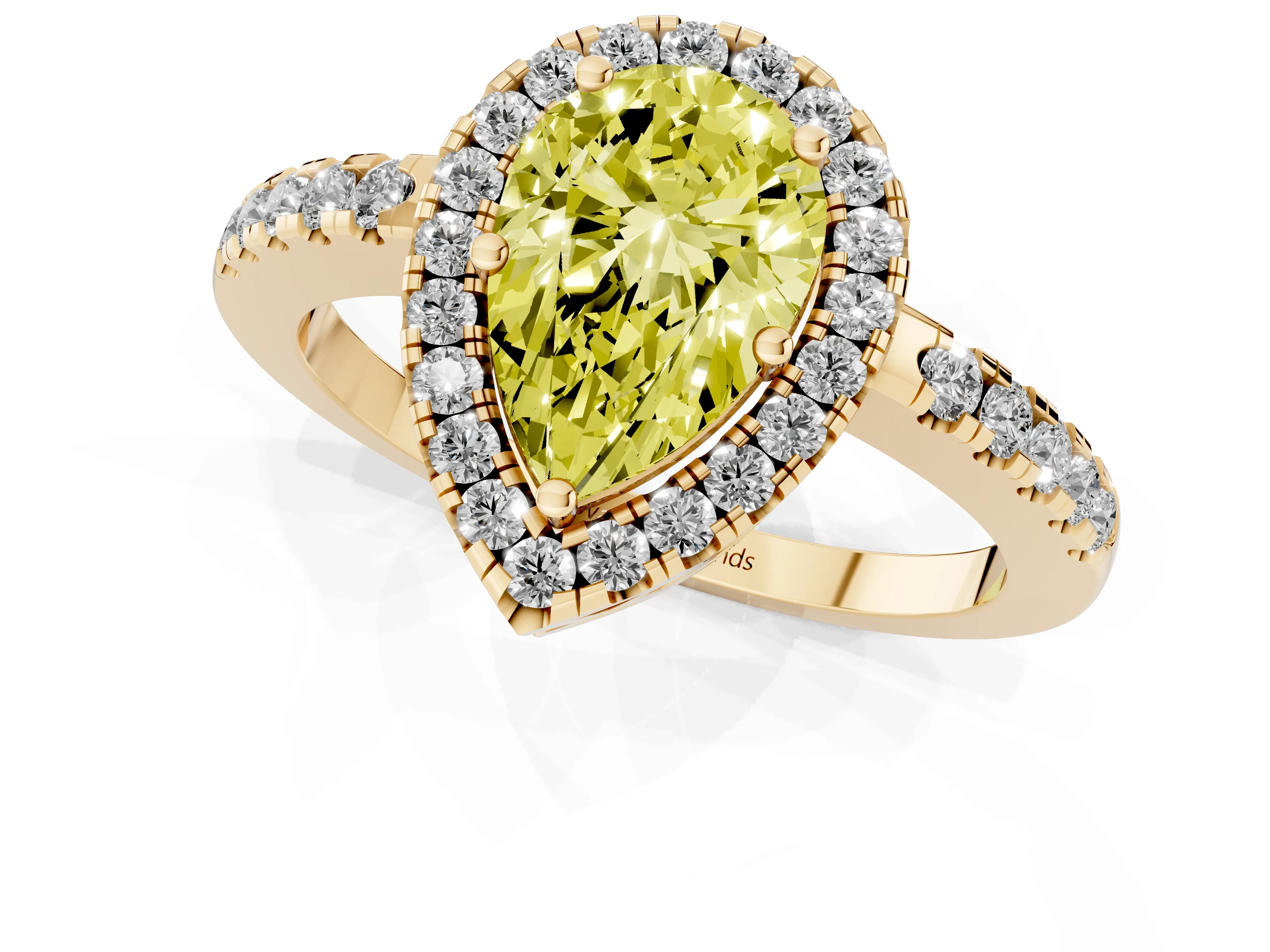 Fancy Yellow Pear Cut Diamond Pavé Band Halo Engagement Ring Set in Yellow gold with Prong Setting