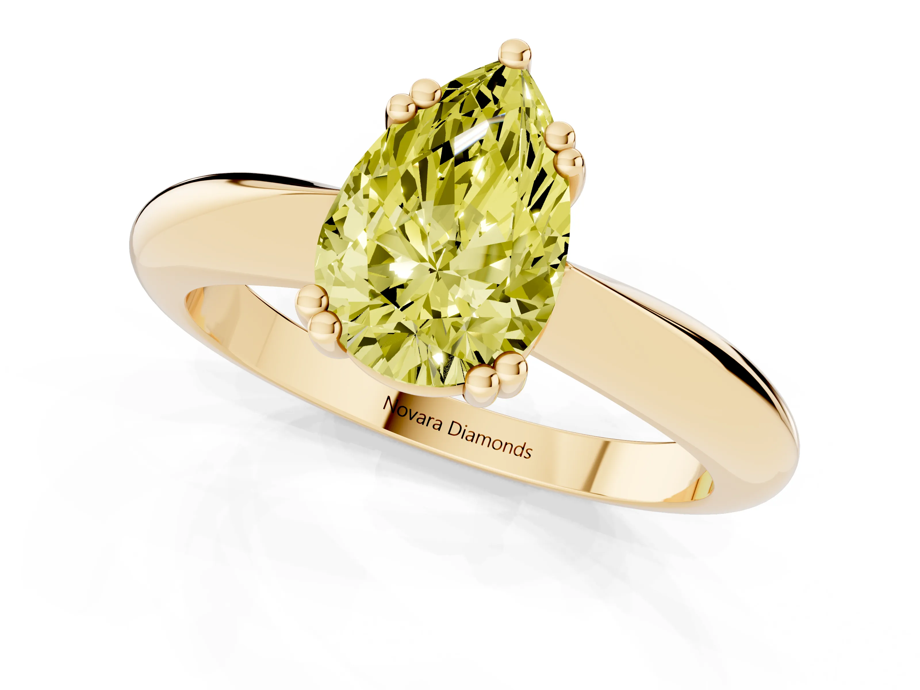 Fancy Yellow Pear Cut Diamond Solitaire Engagement Ring Set in Yellow gold with Tapered Band and Prong Setting