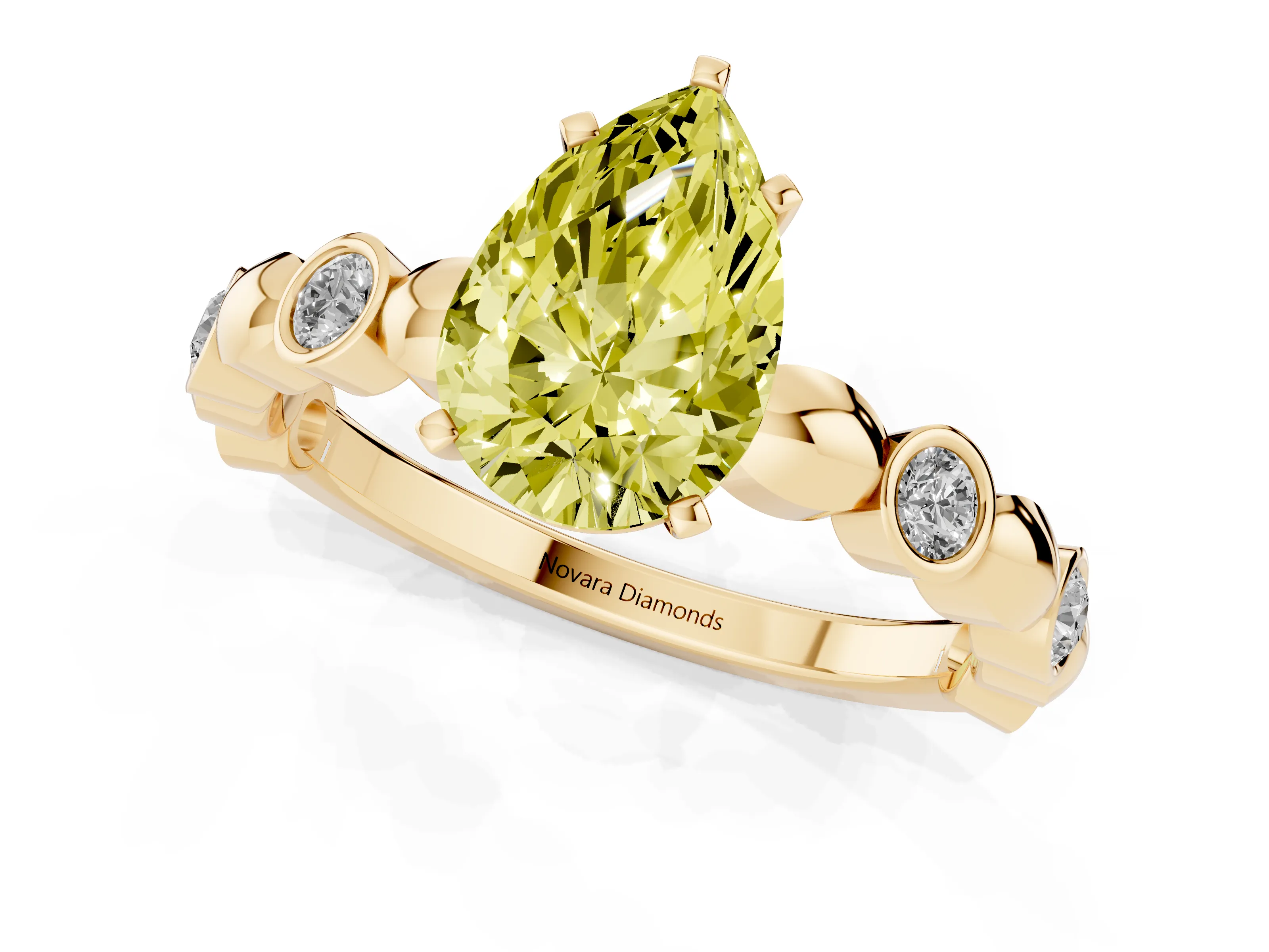 Fancy Yellow Pear Cut Diamond Solitaire Ring Set in Yellow gold with Bezel-Set Accents on Beaded Band and Prong Setting