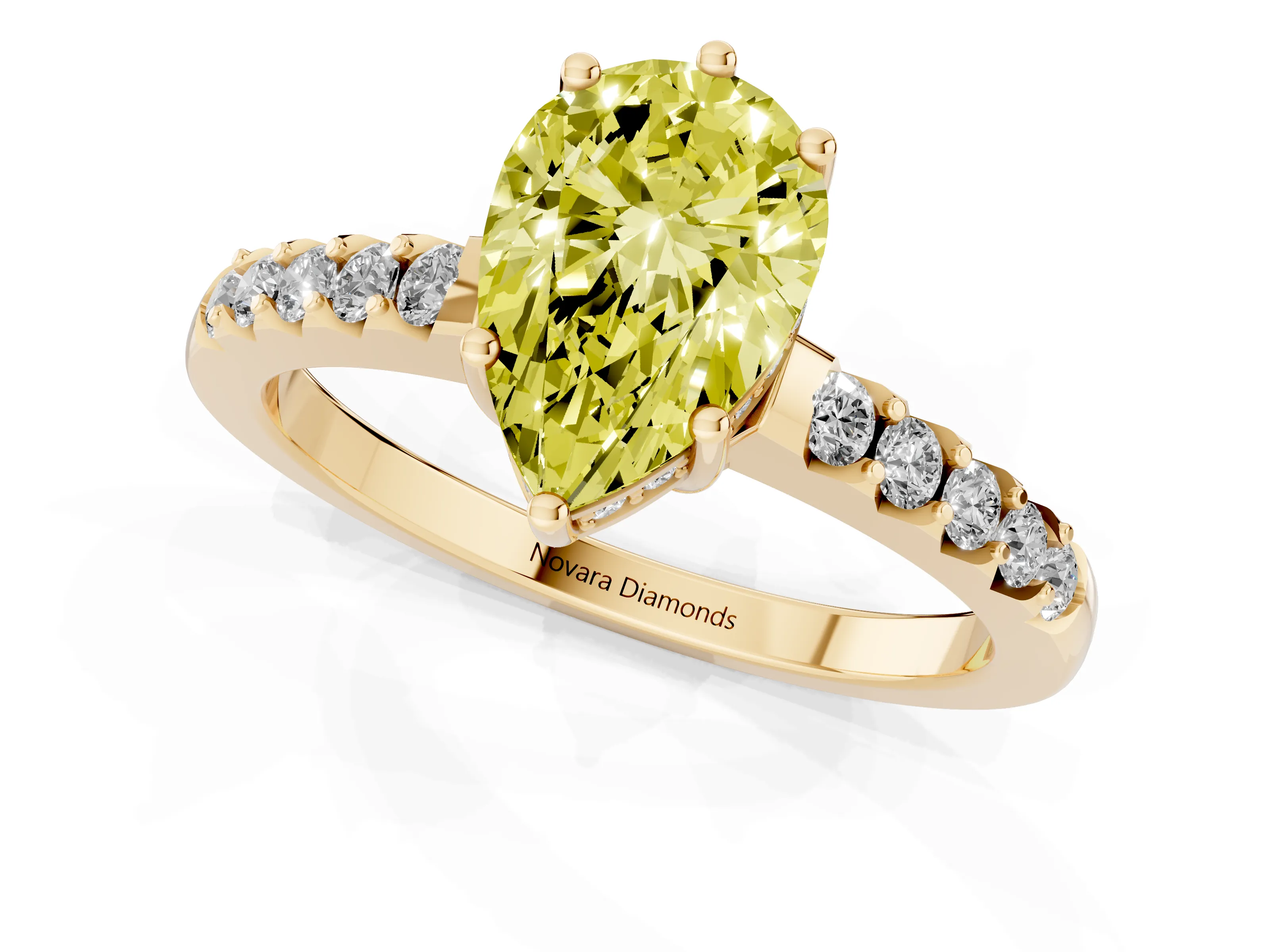 Fancy Yellow Pear Cut Diamond Solitaire Engagement Ring Set in Yellow gold with Pavé Band and Prong Setting
