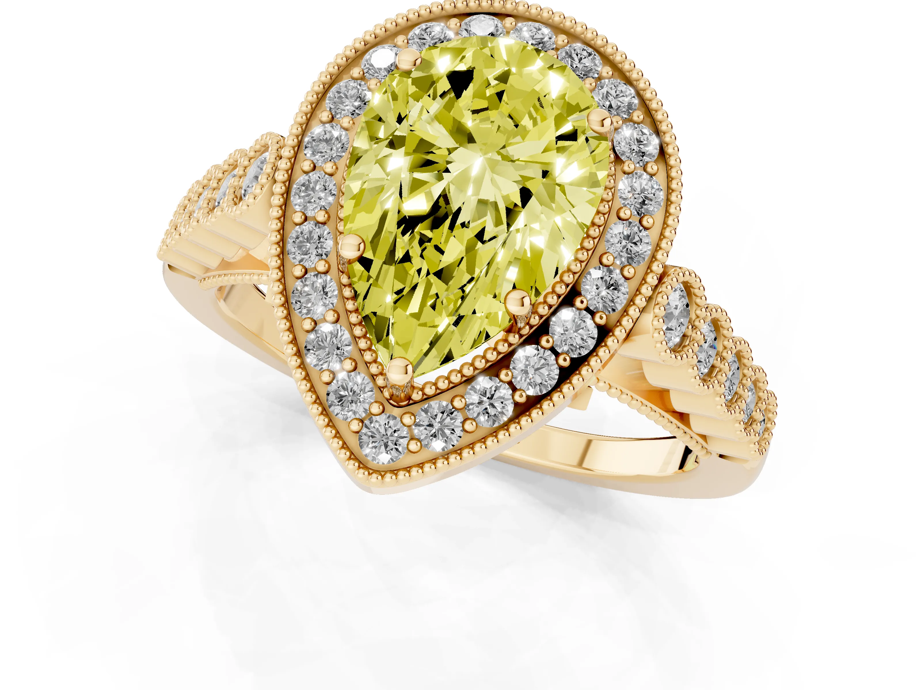 Fancy Yellow Pear Cut Diamond Milgrain Halo Solitaire Ring Set in Yellow gold with Bezel Set Side Stones and Pavé Band
