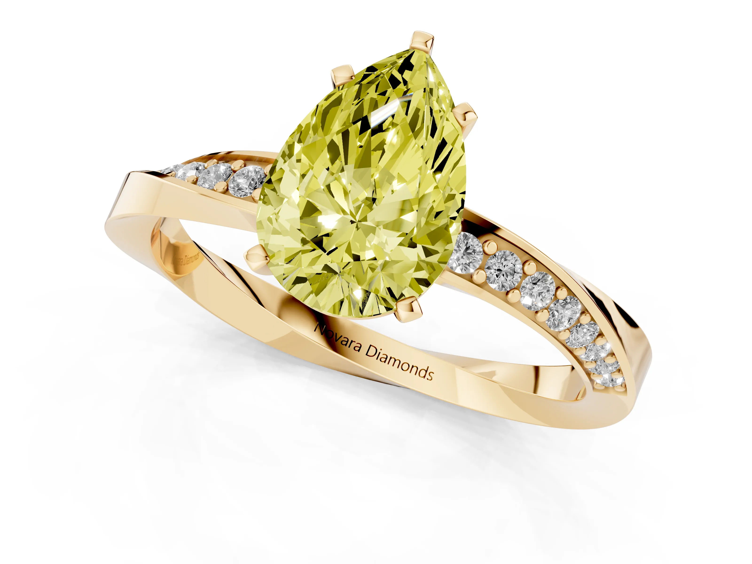 Fancy Yellow Pear Cut Diamond Engagement Ring Set in Yellow gold with Side Stone Accents and Prong Setting