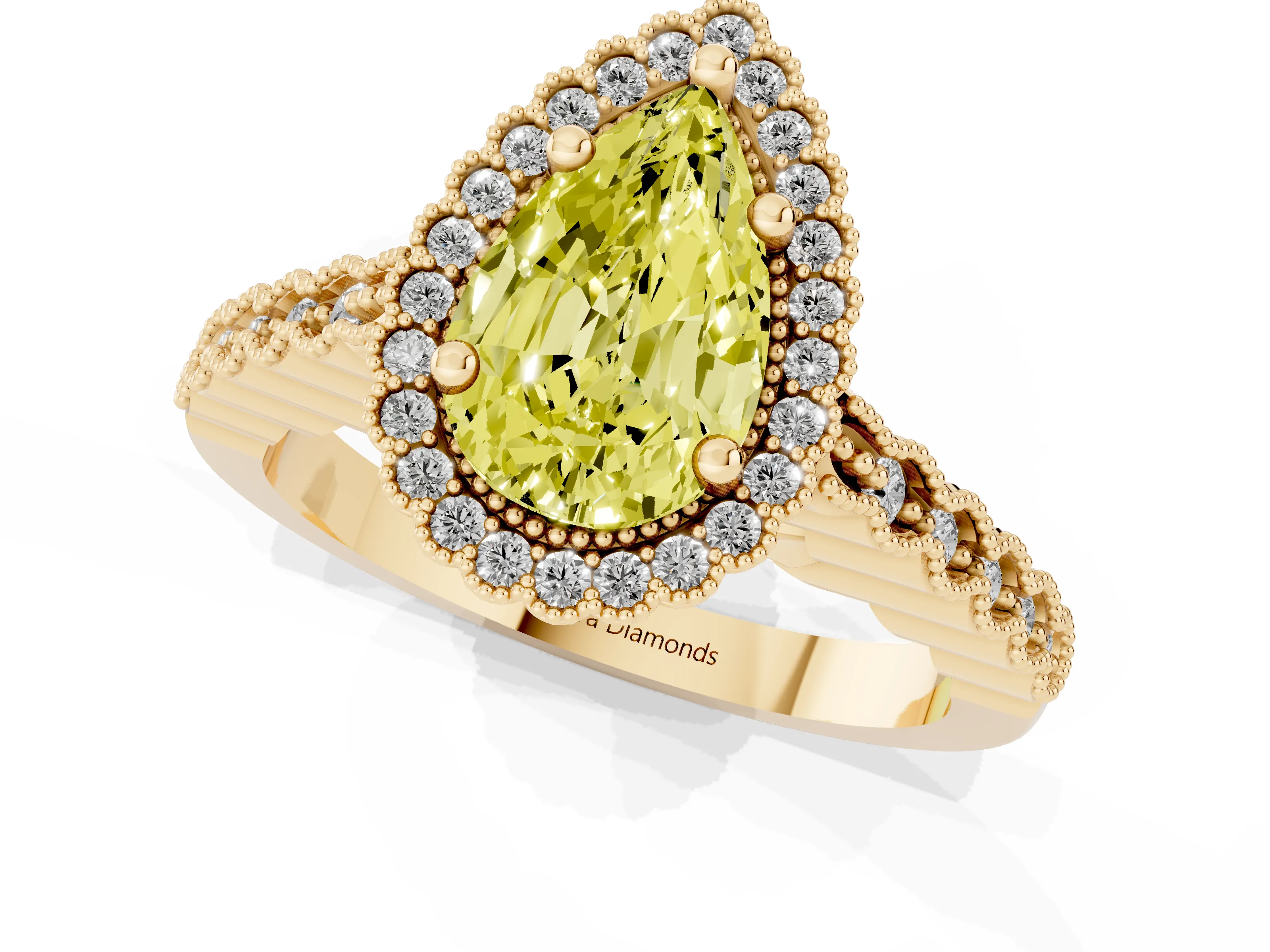 Fancy Yellow Pear Cut Diamond Halo Ring Set in Yellow gold with Pavé Milgrain Band