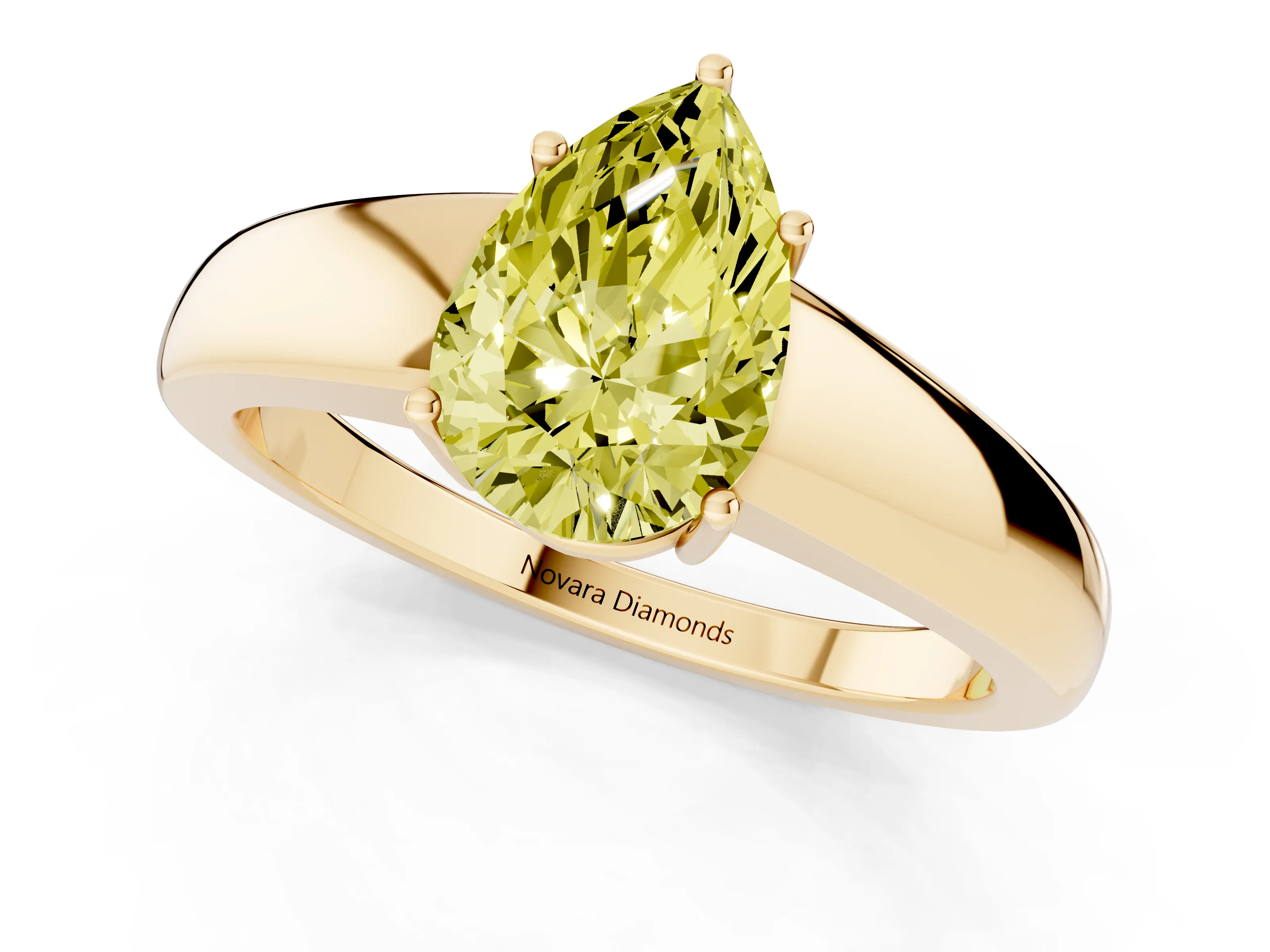 Fancy Yellow Pear Cut Diamond Solitaire Ring Set in Yellow gold with Tapered Band and Prong Setting