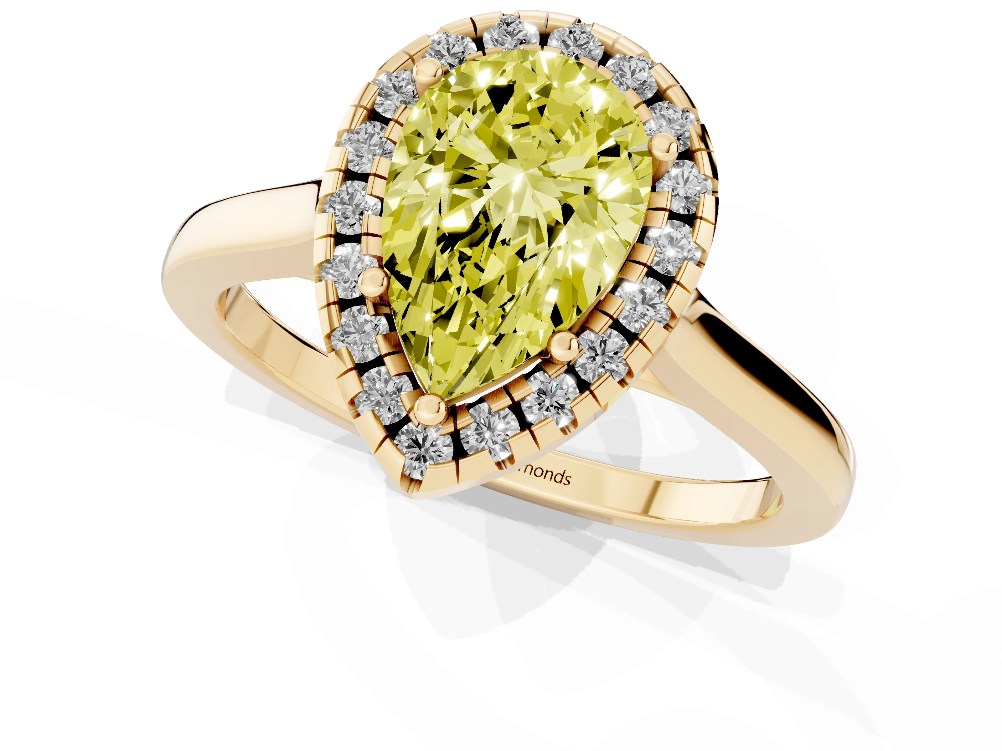 Fancy Yellow Pear Cut Halo Round Diamond Solitaire Ring Set in Yellow gold with Pavé Band and Prong Setting – second view