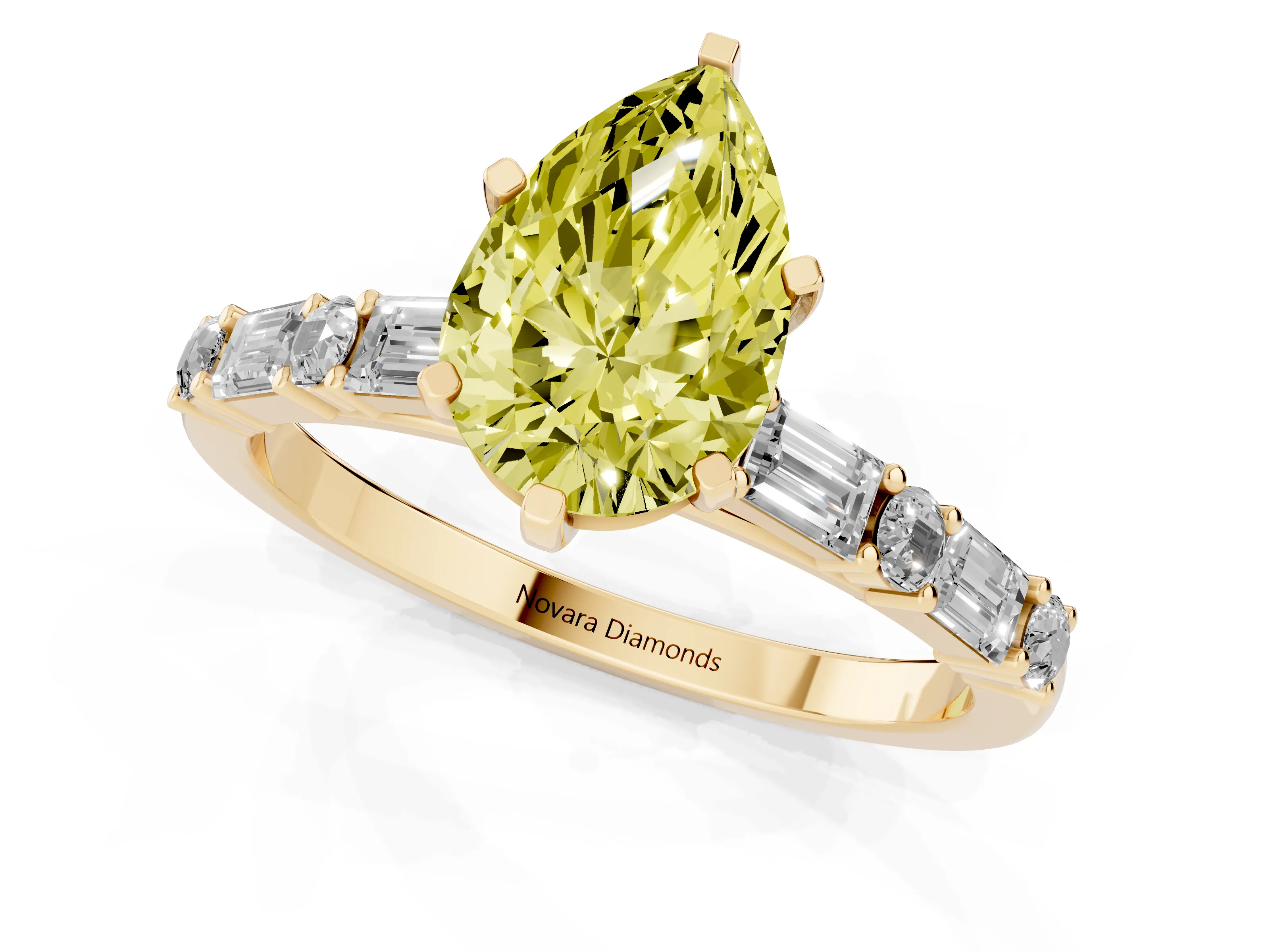 Fancy Yellow Pear Cut Diamond Solitaire Set in Yellow gold with Side Baguettes and Channel Set Band