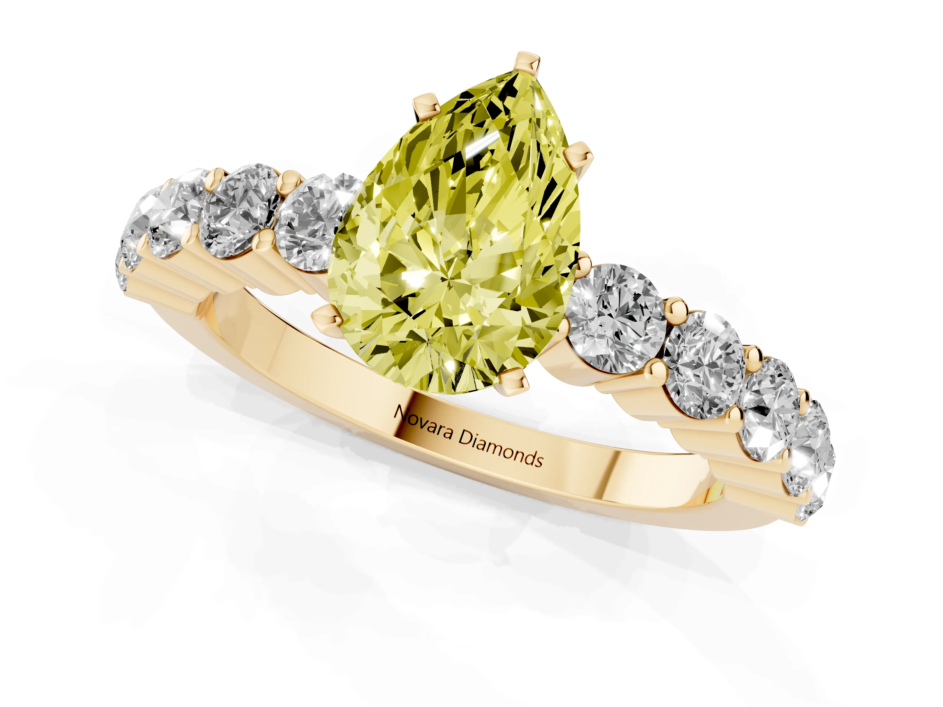 Fancy Yellow Pear Cut Diamond Solitaire Ring Set in Yellow gold with Shared Prong Round Side Stones