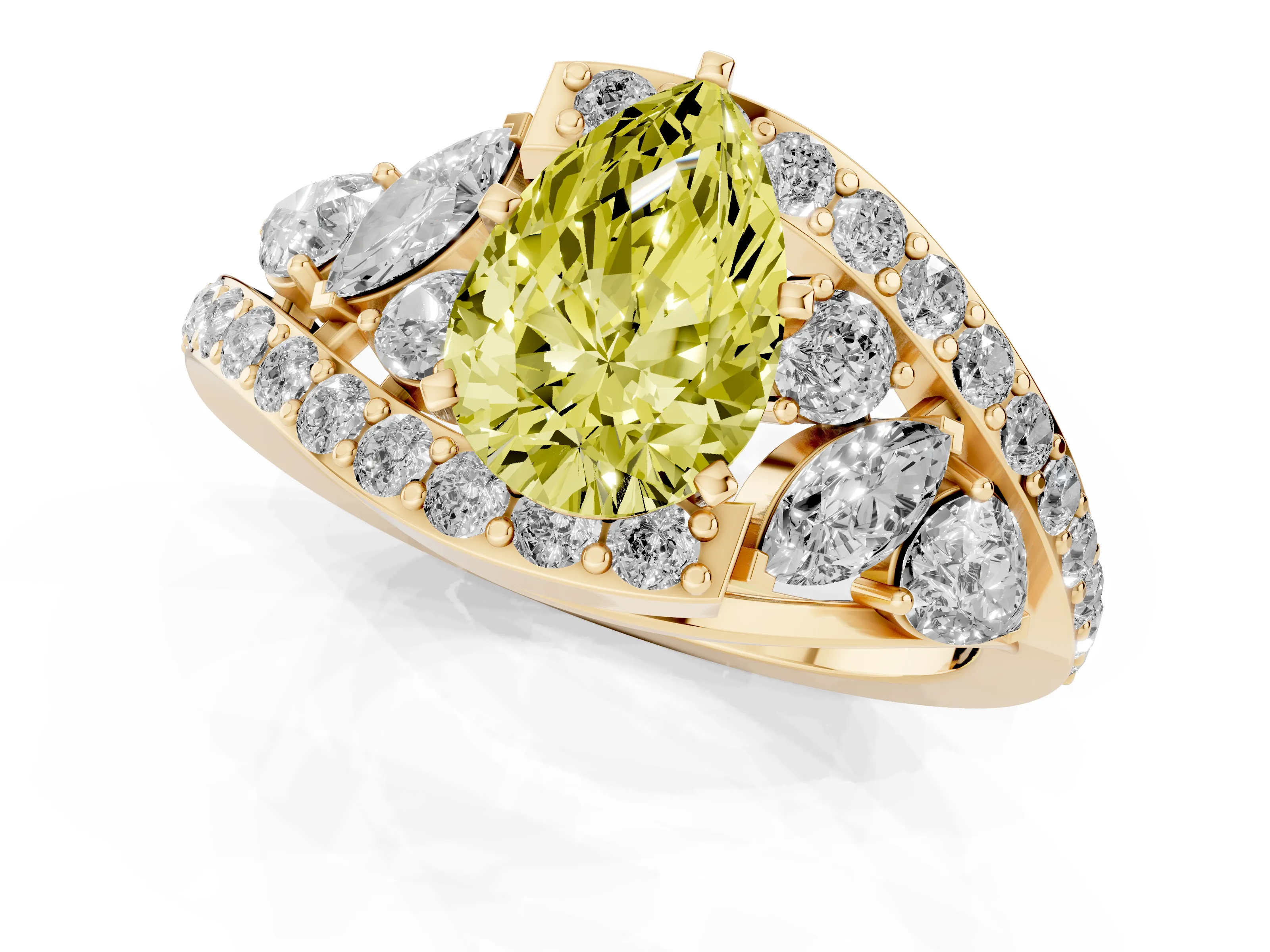 Fancy Yellow Pear Cut Diamond Halo Ring Set in Yellow gold with Marquise and Pavé Band in Prong Setting
