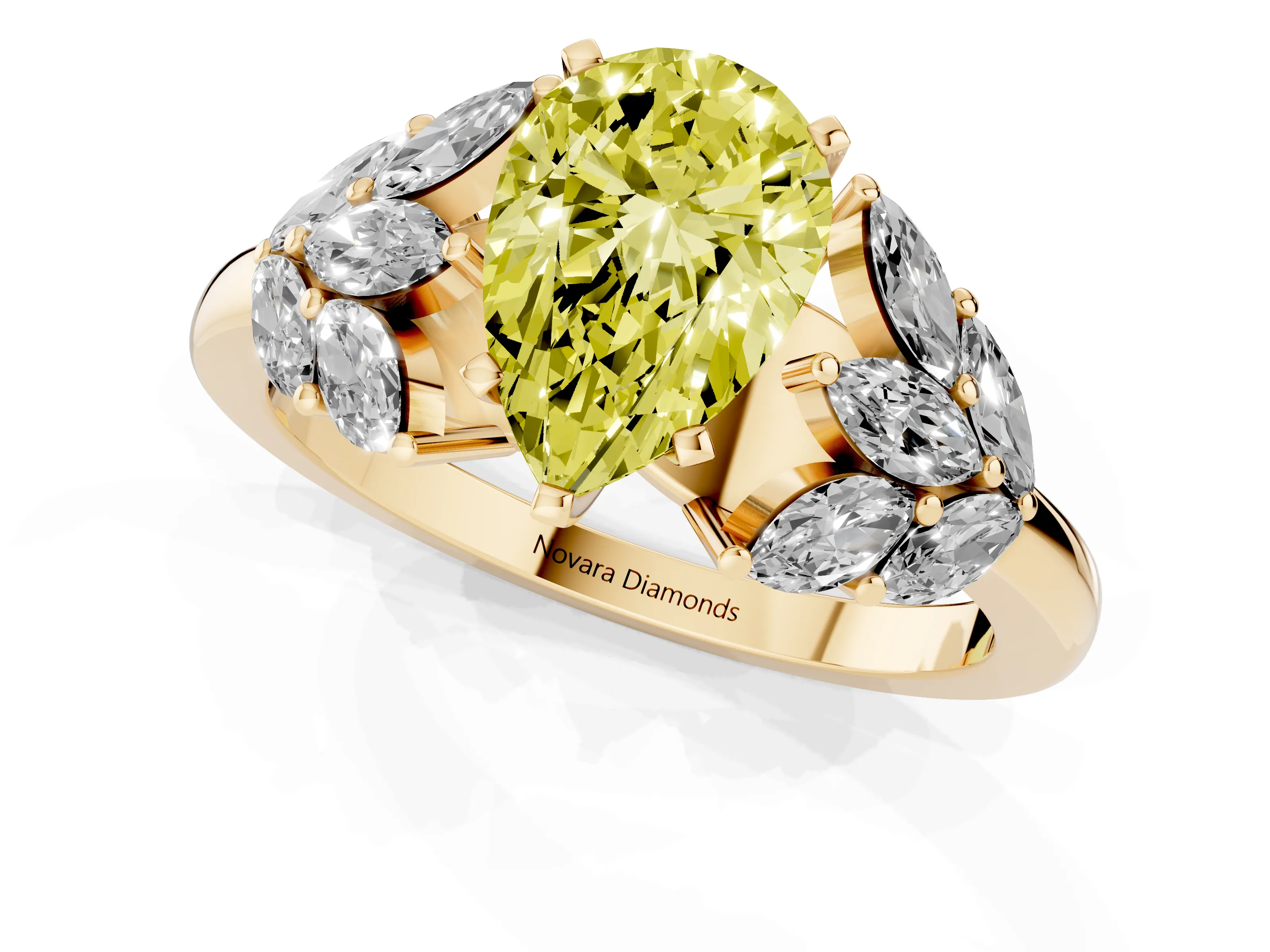 Fancy Yellow Pear Cut Diamond Cluster Leaf Design Ring Set in Yellow gold with Prong Setting