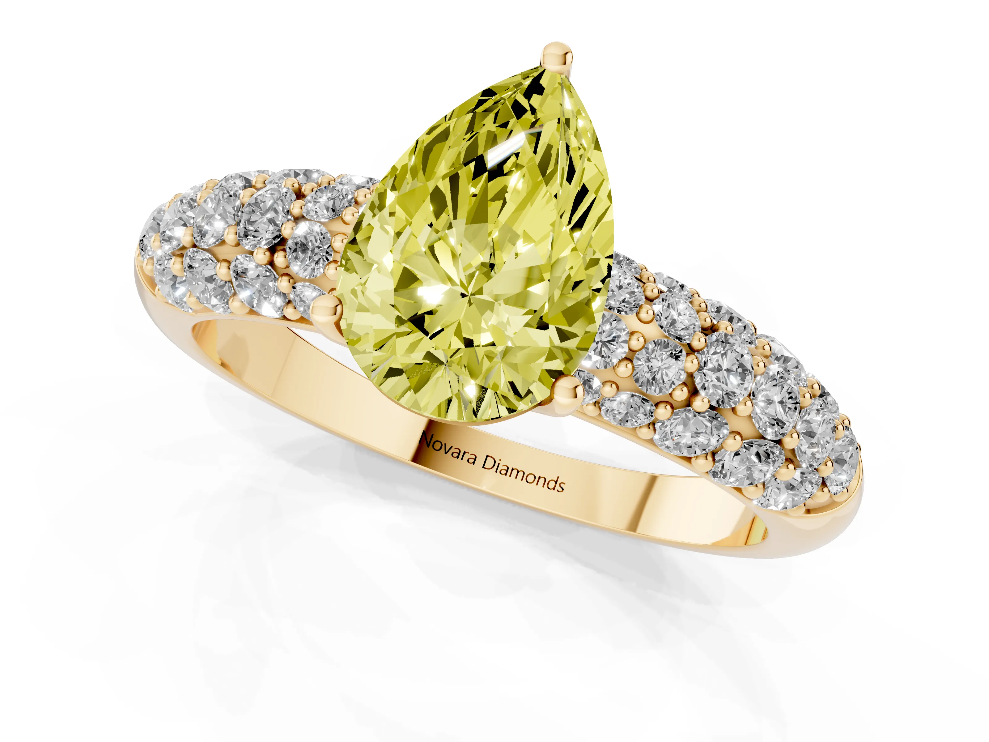 Fancy Yellow Pear Cut Diamond Pavé Band Solitaire Ring Set in Yellow gold with Close-Set Accent Stones and Prong Setting