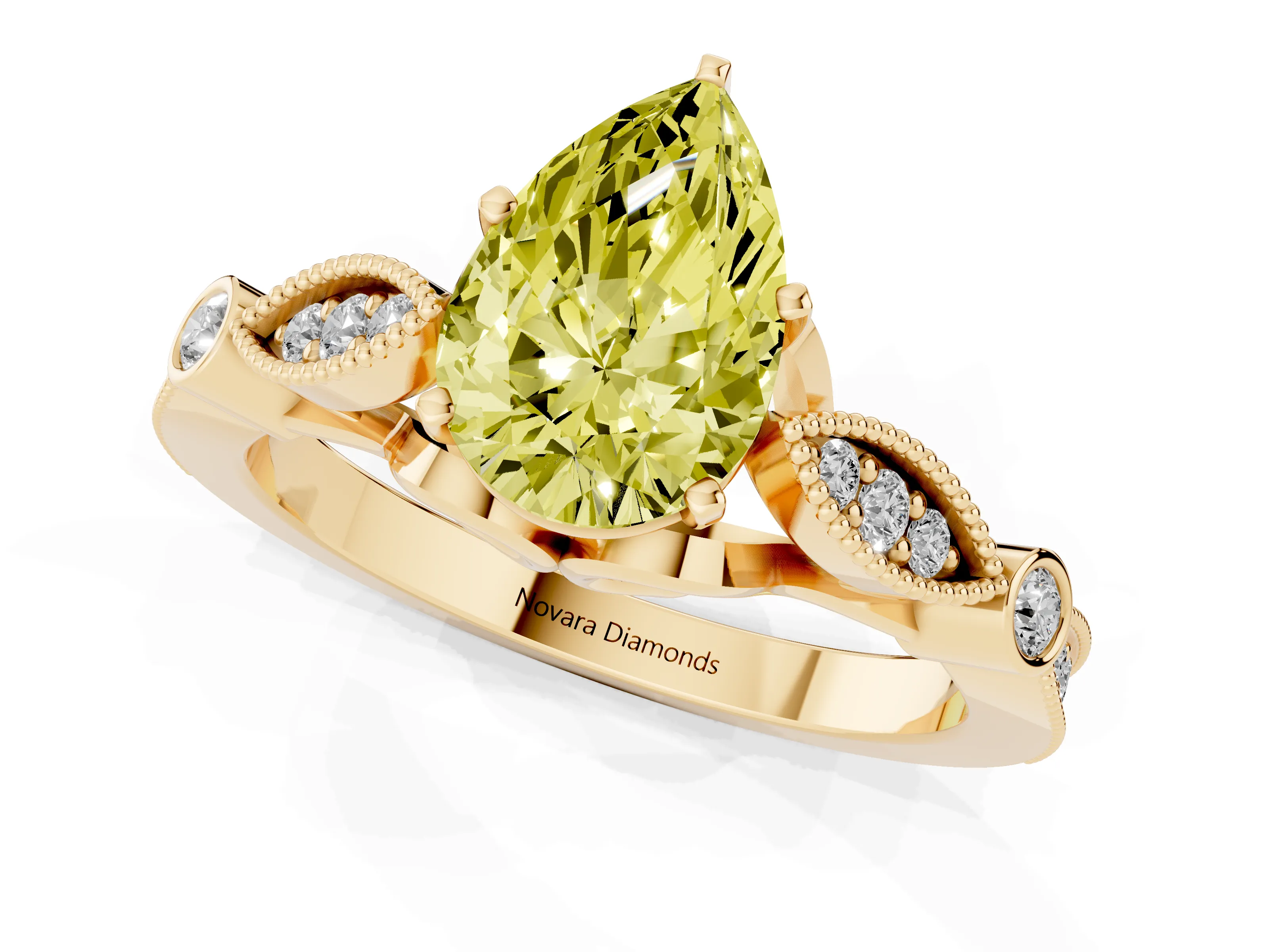 Fancy Yellow Pear Cut Diamond Solitaire Ring Set in Yellow gold with Milgrain Marquise and Bezel Accents