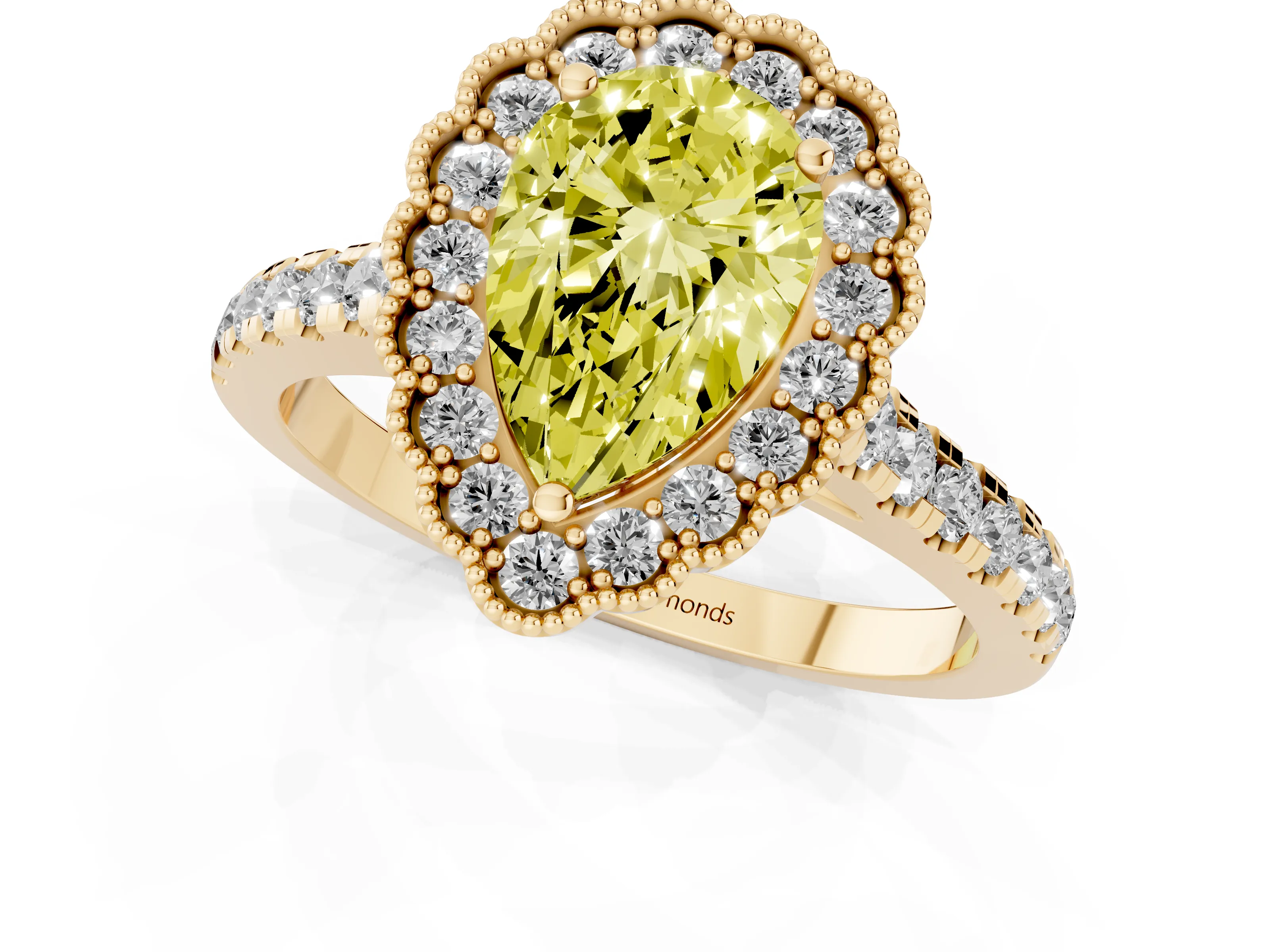 Fancy Yellow Pear Cut Diamond Milgrain Floral Halo Engagement Ring Set in Yellow gold with Pavé Band
