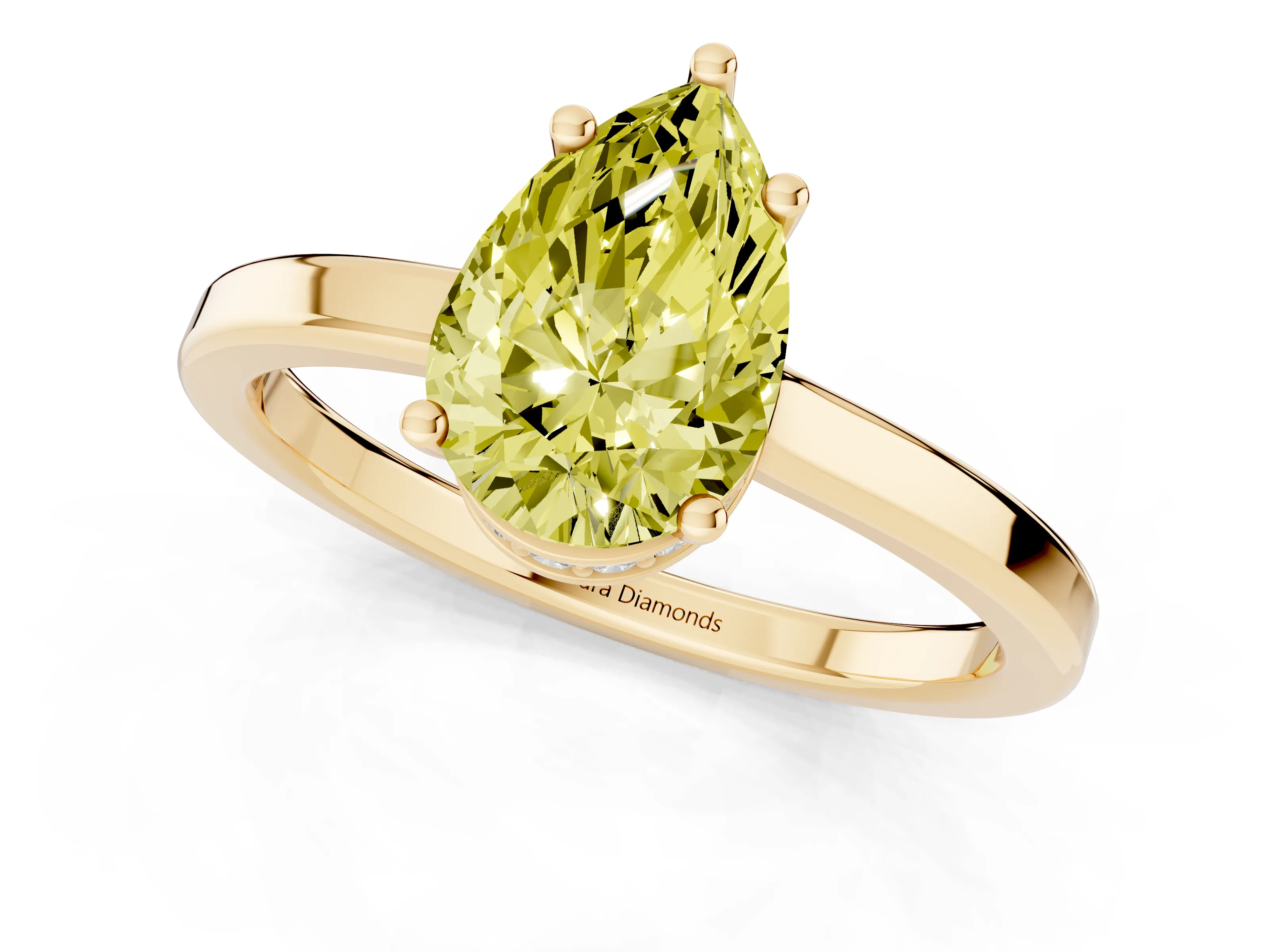 Fancy Yellow Pear Cut Diamond Solitaire Engagement Ring Set in Yellow gold with Prong Setting on a Plain Band