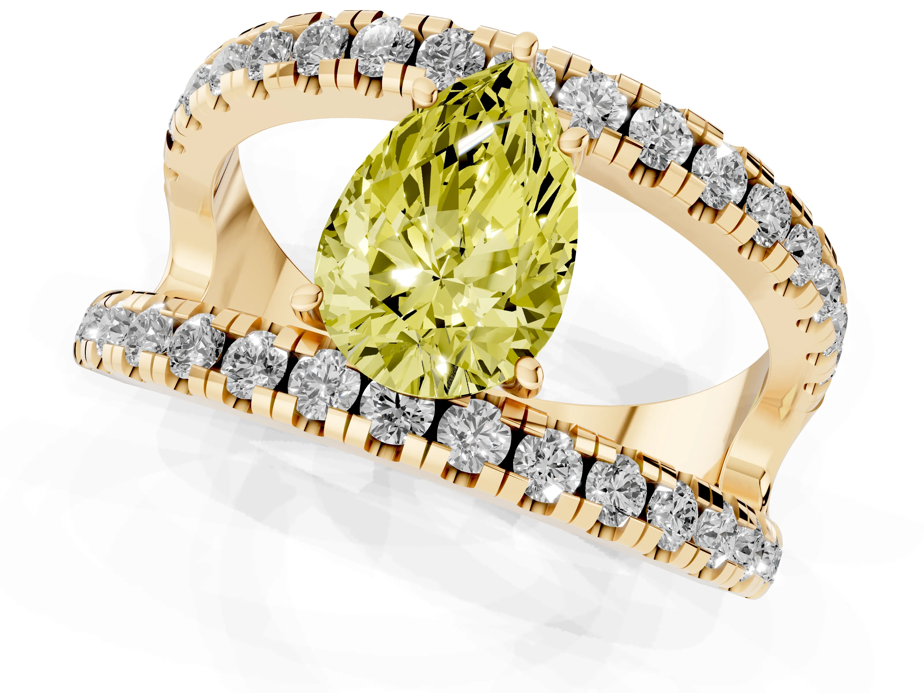 Fancy Yellow Pear Cut Diamond Split Shank Pavé Solitaire Ring Set in Yellow gold with Open Shank Design