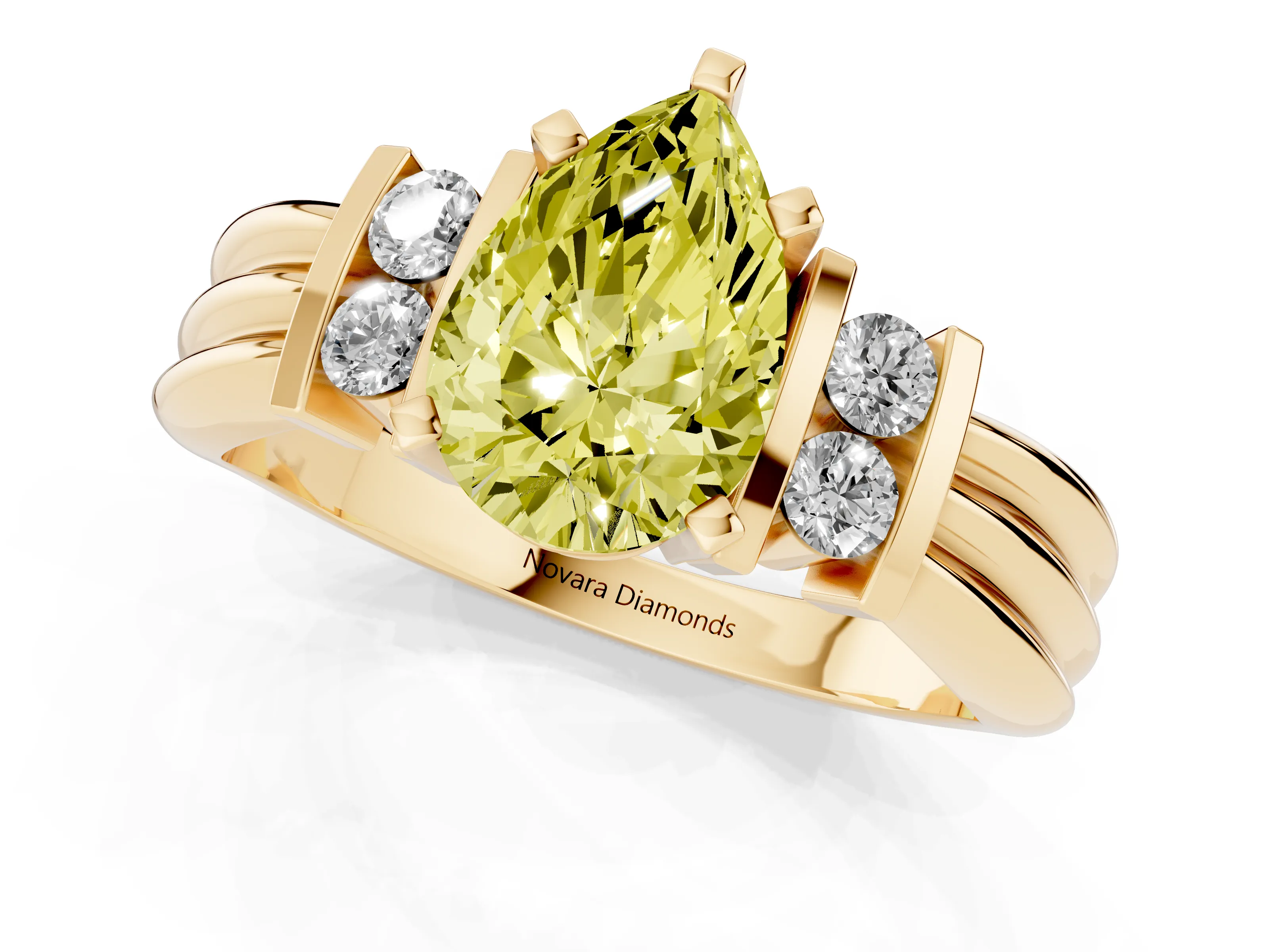 Fancy Yellow Three-Stone Pear Cut Diamond Channel Set Ring Set in Yellow gold with Bar Prongs