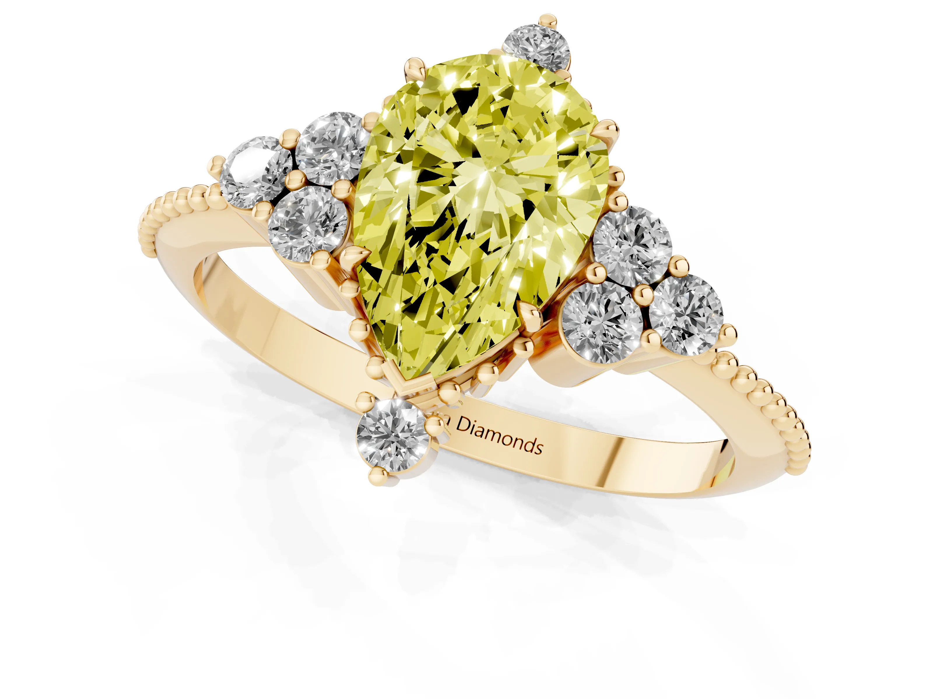 Fancy Yellow Pear Cut Diamond Cluster Ring Set in Yellow gold with Beaded Band