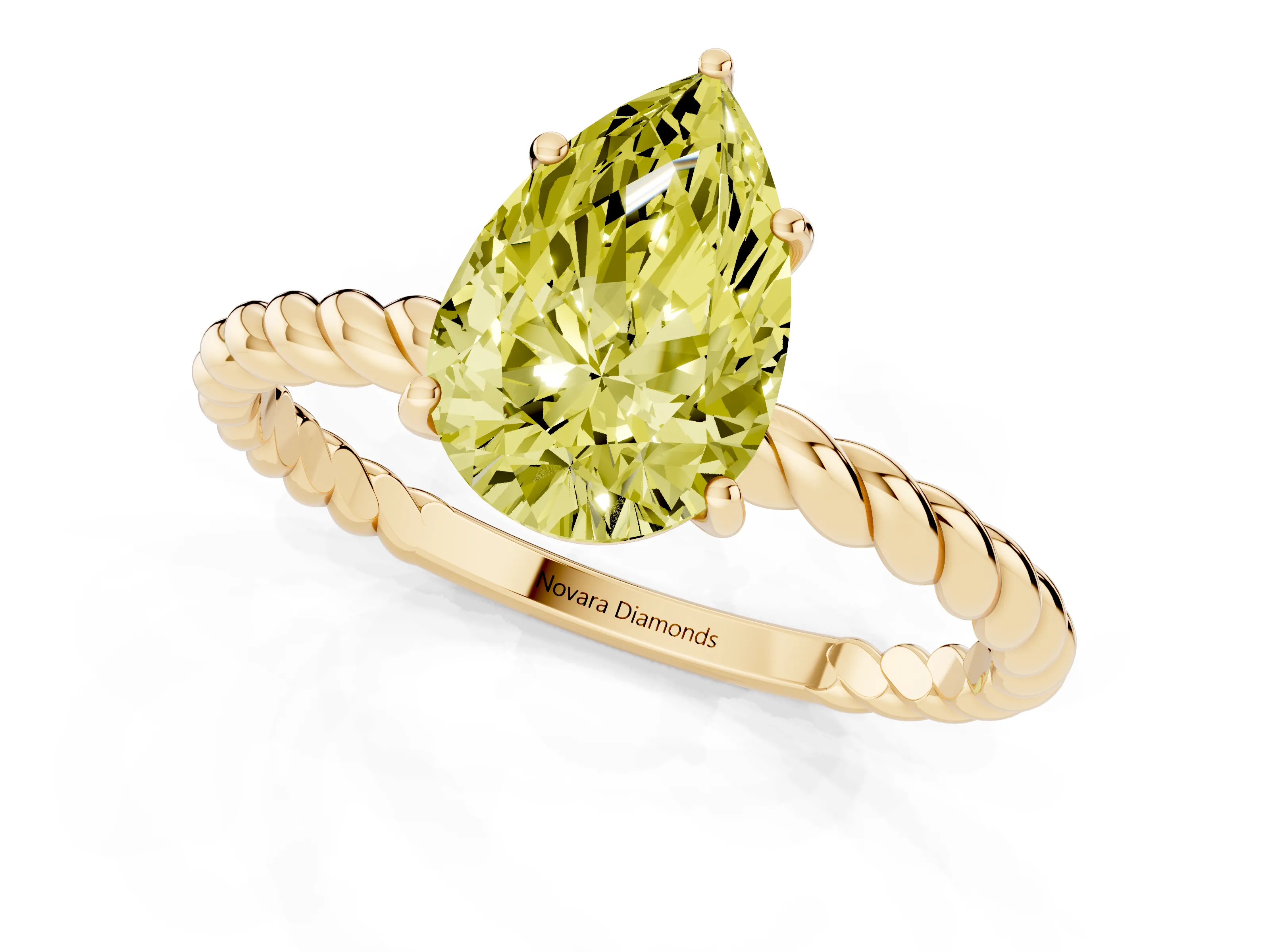 Fancy Yellow Pear Cut Diamond Solitaire Ring Set in Yellow gold with Twist Band and Prong Setting