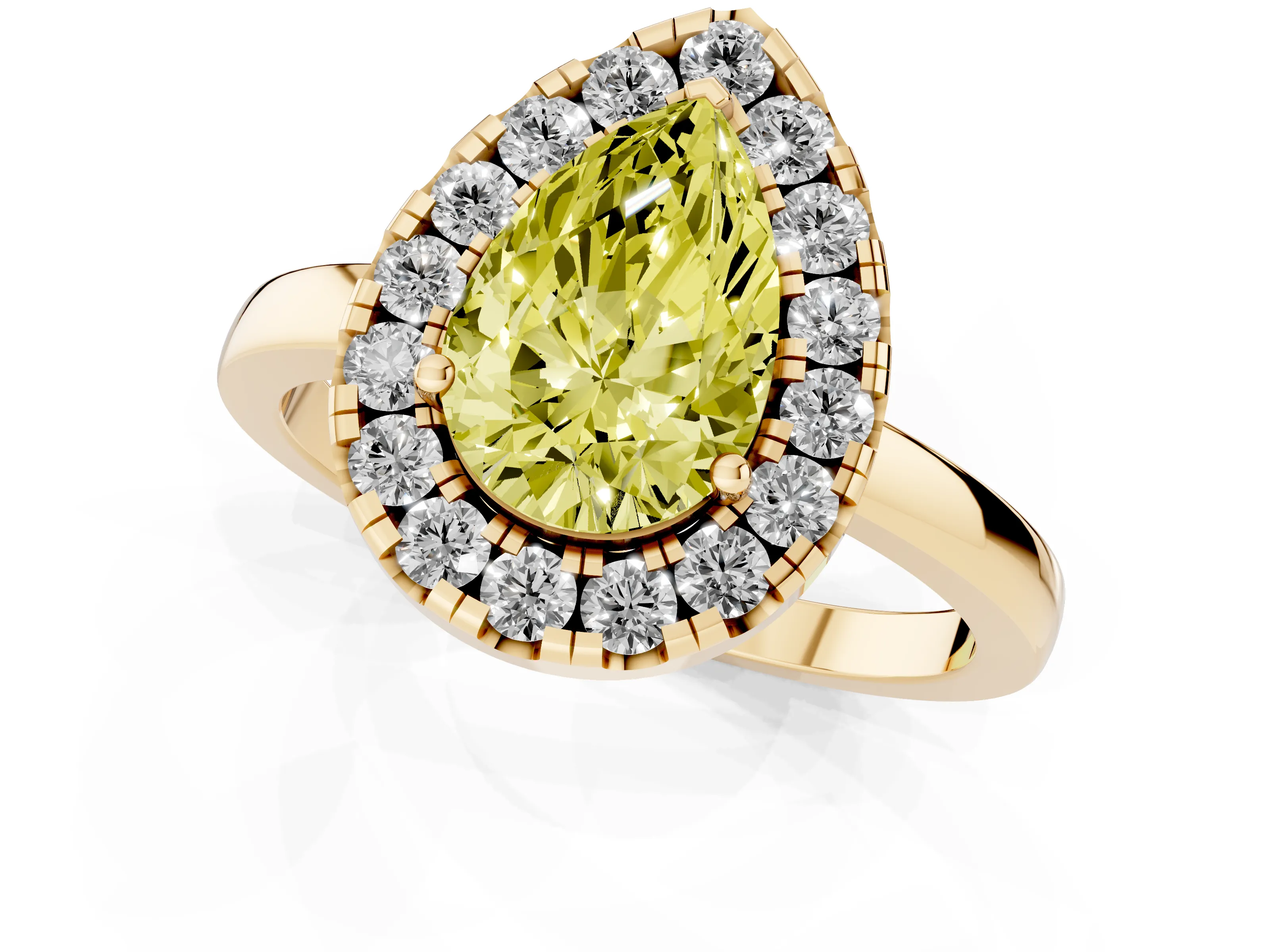 Fancy Yellow Pear Cut Diamond Halo Solitaire Ring Set in Yellow gold with Pavé Band and Prong Setting