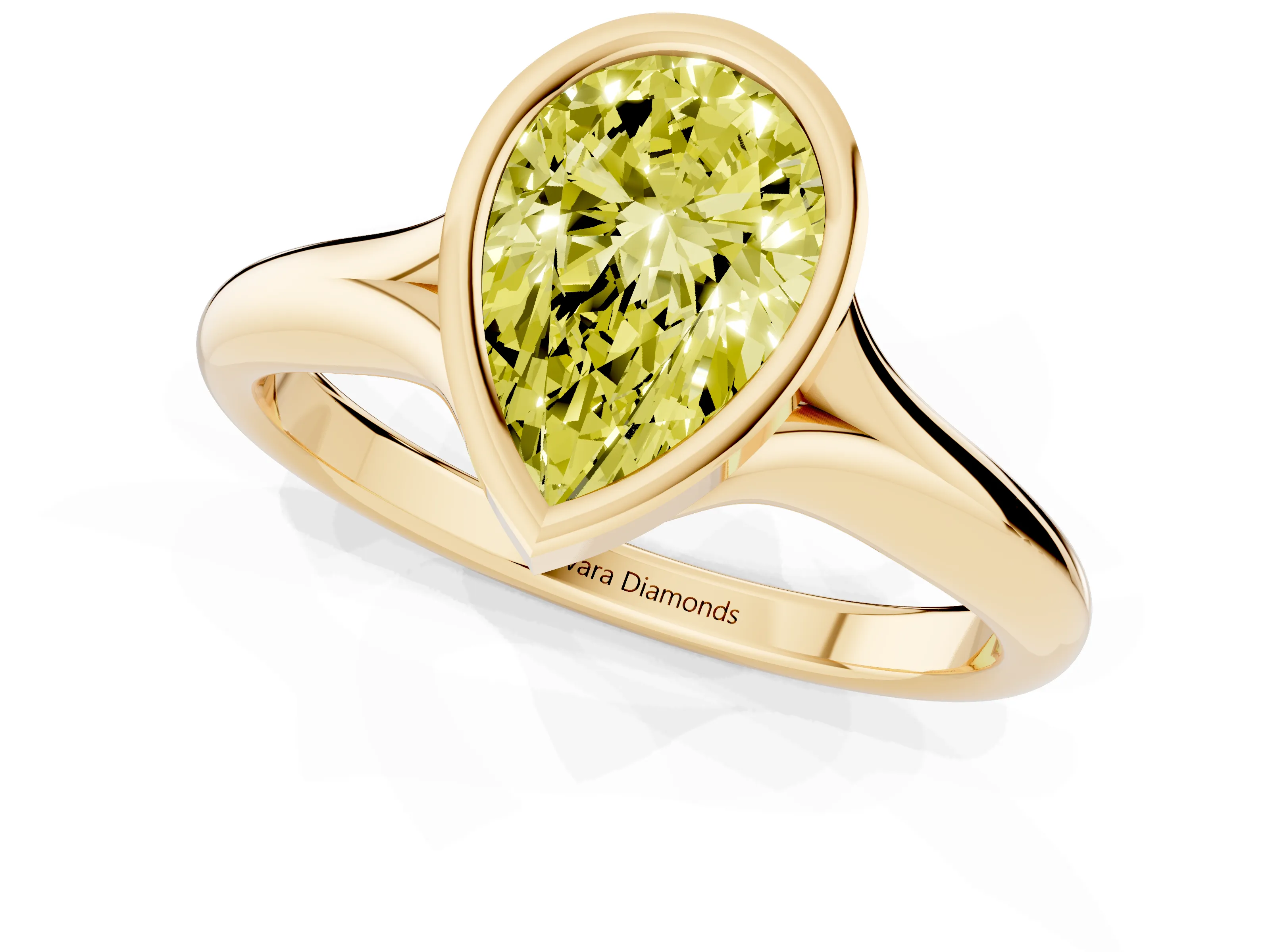 Fancy Yellow Bezel Set Pear Cut Diamond Solitaire Ring Set in Yellow gold with Smooth Band
