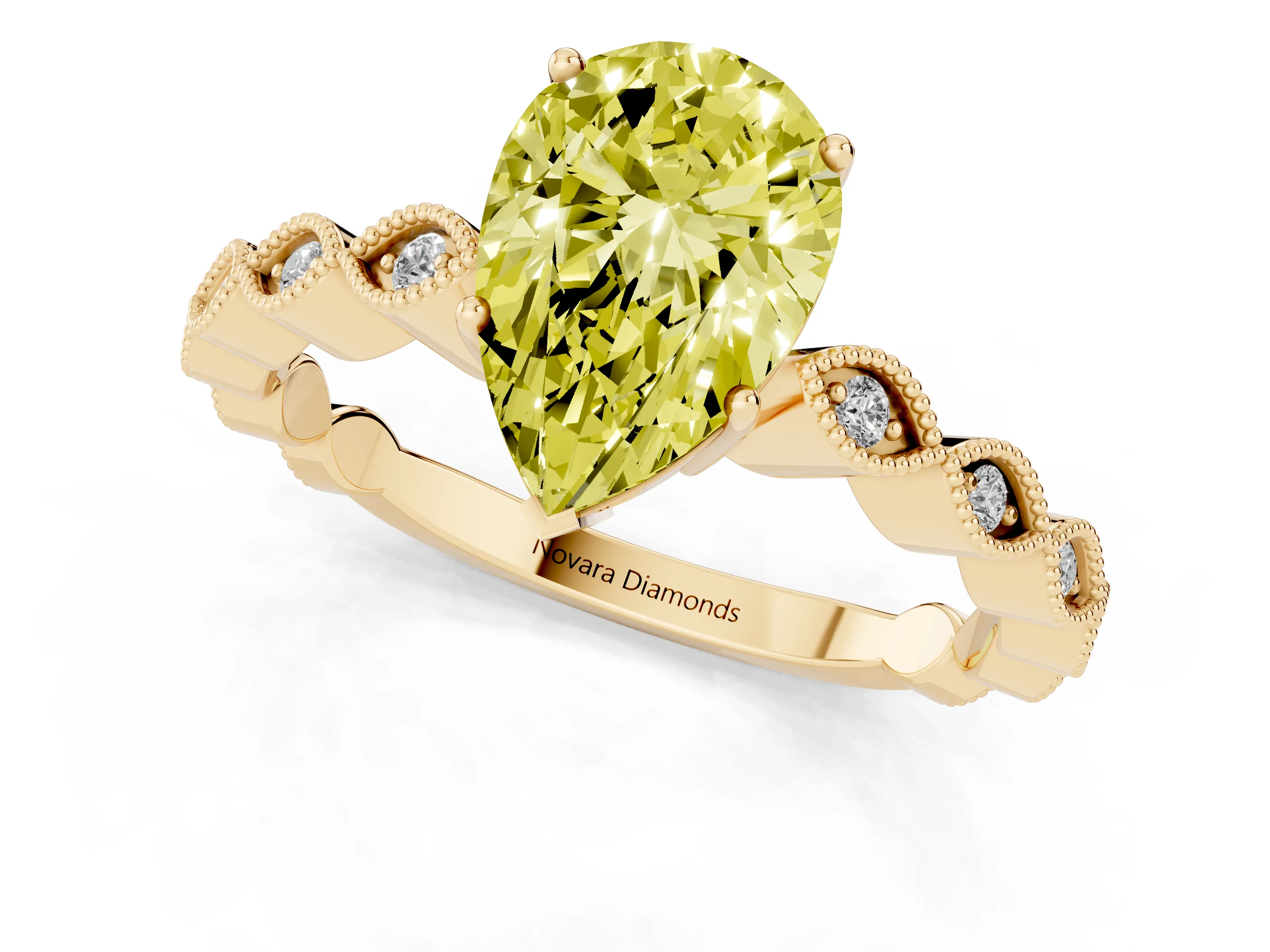 Fancy Yellow Pear Cut Diamond Solitaire Ring Set in Yellow gold with Infinity Twist Pavé Band