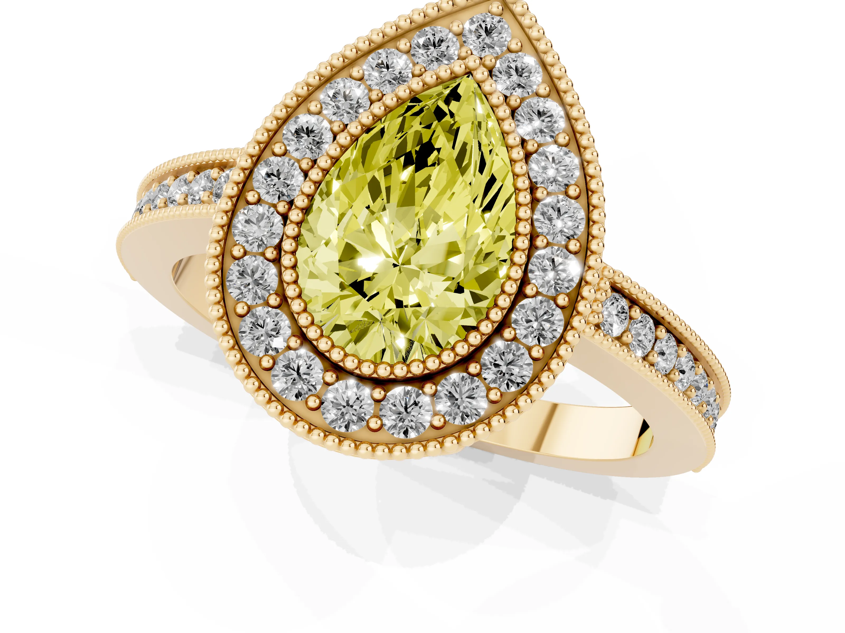 Fancy Yellow Pear Cut Diamond Round Halo Ring Set in Yellow gold with Pavé Band